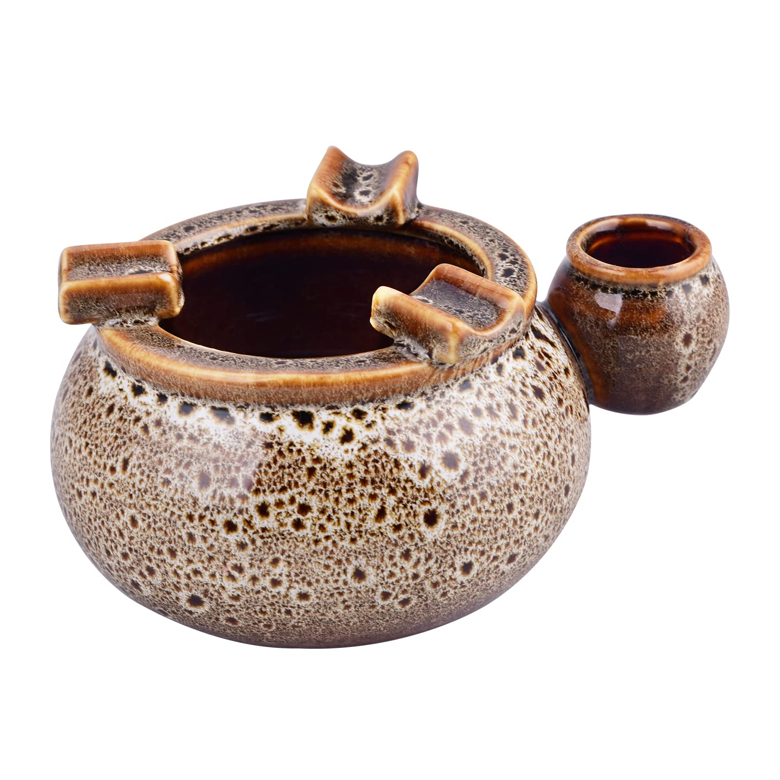 K COOL Ceramic Ashtray with Small Extinguishing Pot, Cigarettes Ashtrays for Outdoor Indoor, Ash Holder for Smokers Gift for Men Women, Desktop Smoking Ash Tray for Home Office Decoration-BrownWhite