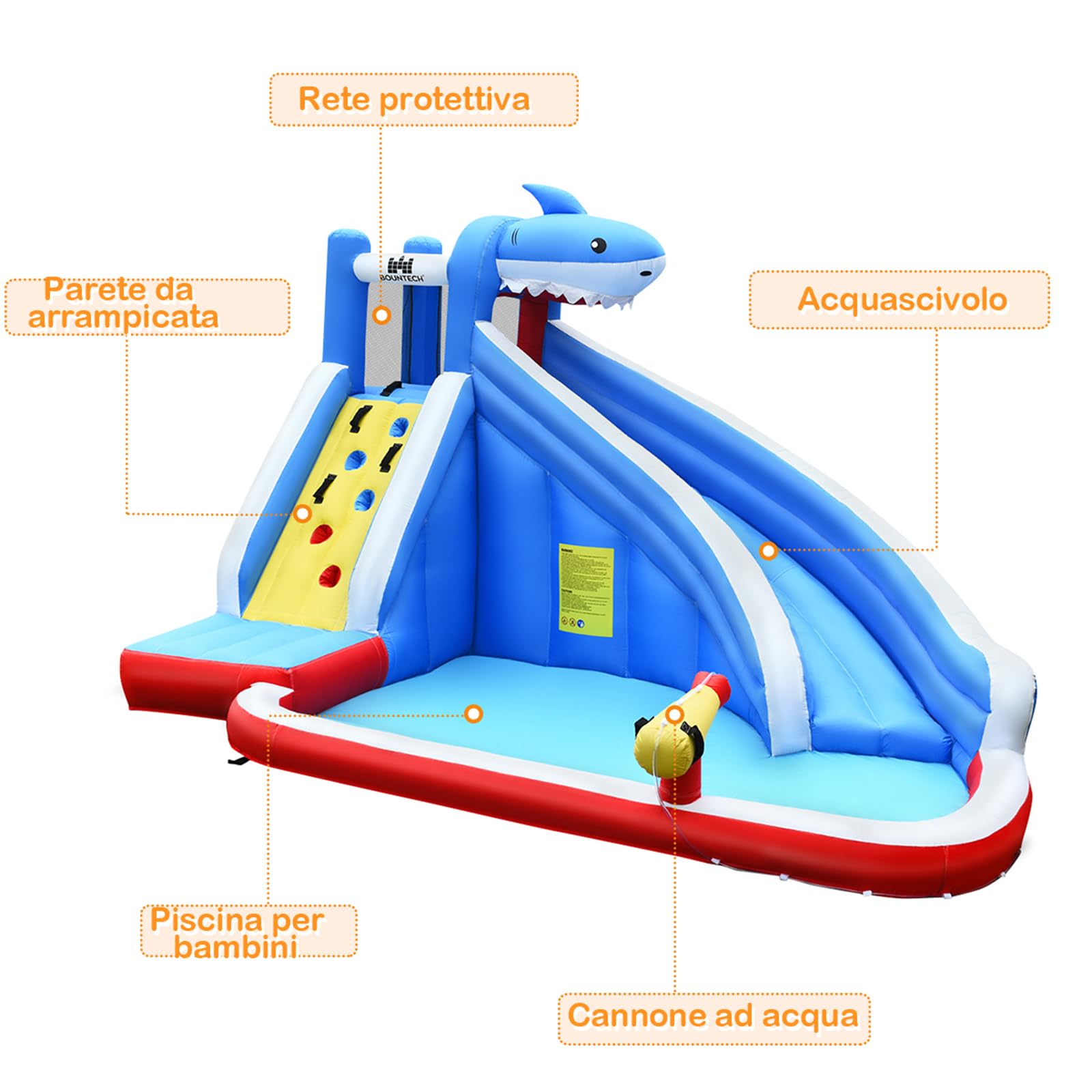 COSTWAY Castello Gonfiabile Per Bambini, Parco Giochi Gonfiabile Con Scivolo, Parete Per Arrampicarsi e Piscina, Ideale Per 4 Bambini 3-8Anni, Con Borsa di Trasporto e Kit di Riparazione