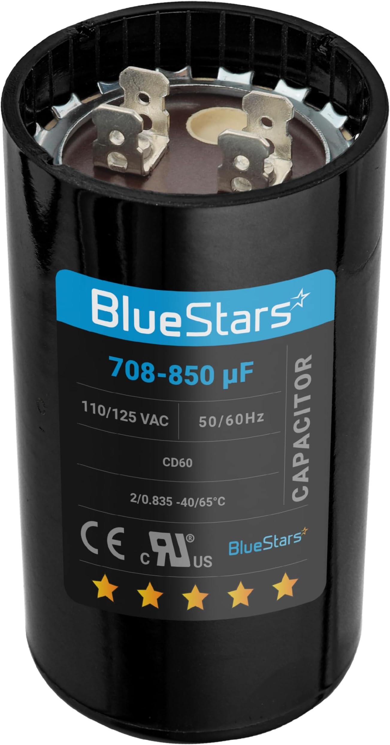 - BlueStars 708-850 uf MFD 50/60 Hz 110-125 VAC Volts Round Start Capacitor by Blue Stars - Universal Fit for Air Conditioner and Other Electric Motor Applications - Pack of 1