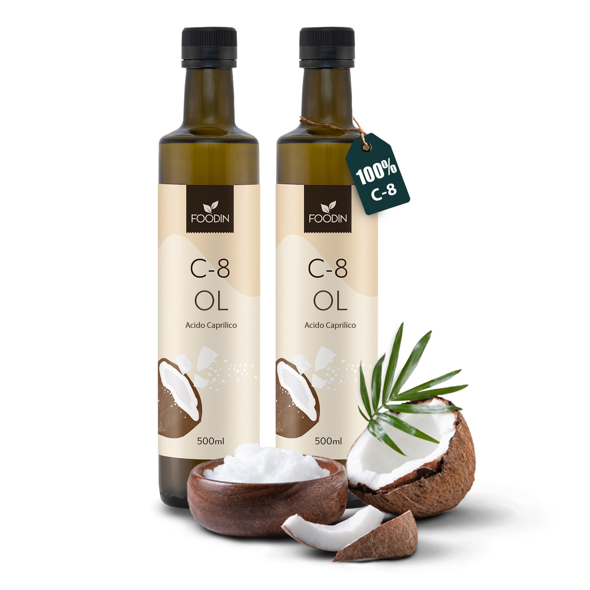 FOODIN MCT Oil C8, 1000 ml di olio di cocco, ideale per la dieta chetogenica, chetoni di olio MCT da bere, 3 volte più chetoni (100% C8), olio di cocco liquido e non aromatizzato (2x500 ml)