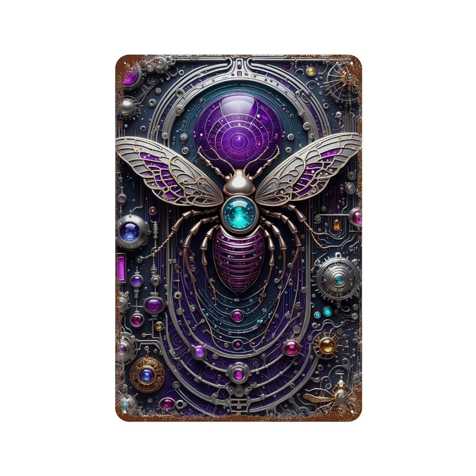Rust Effect Galactic Bee Chronicles Aged Metal Wall Plaque 11.8"x7.9", Shabby Chic Decor for Living Room, Hallway And Home Decor