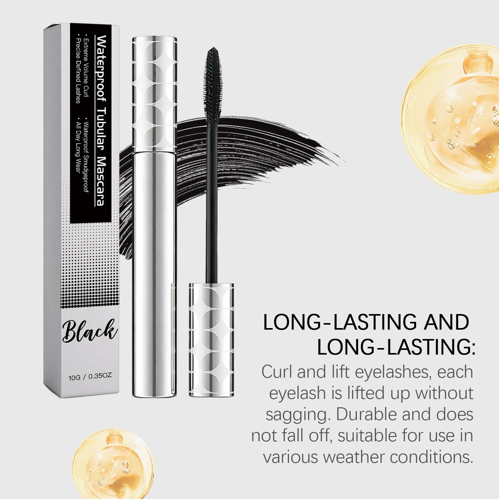 Mascara nero impermeabile, allunga le ciglia e aumenta il loro volume | Mascara nero ipoallergenico impermeabile. Pennello preciso per occhi sensibili e ciglia sottili.