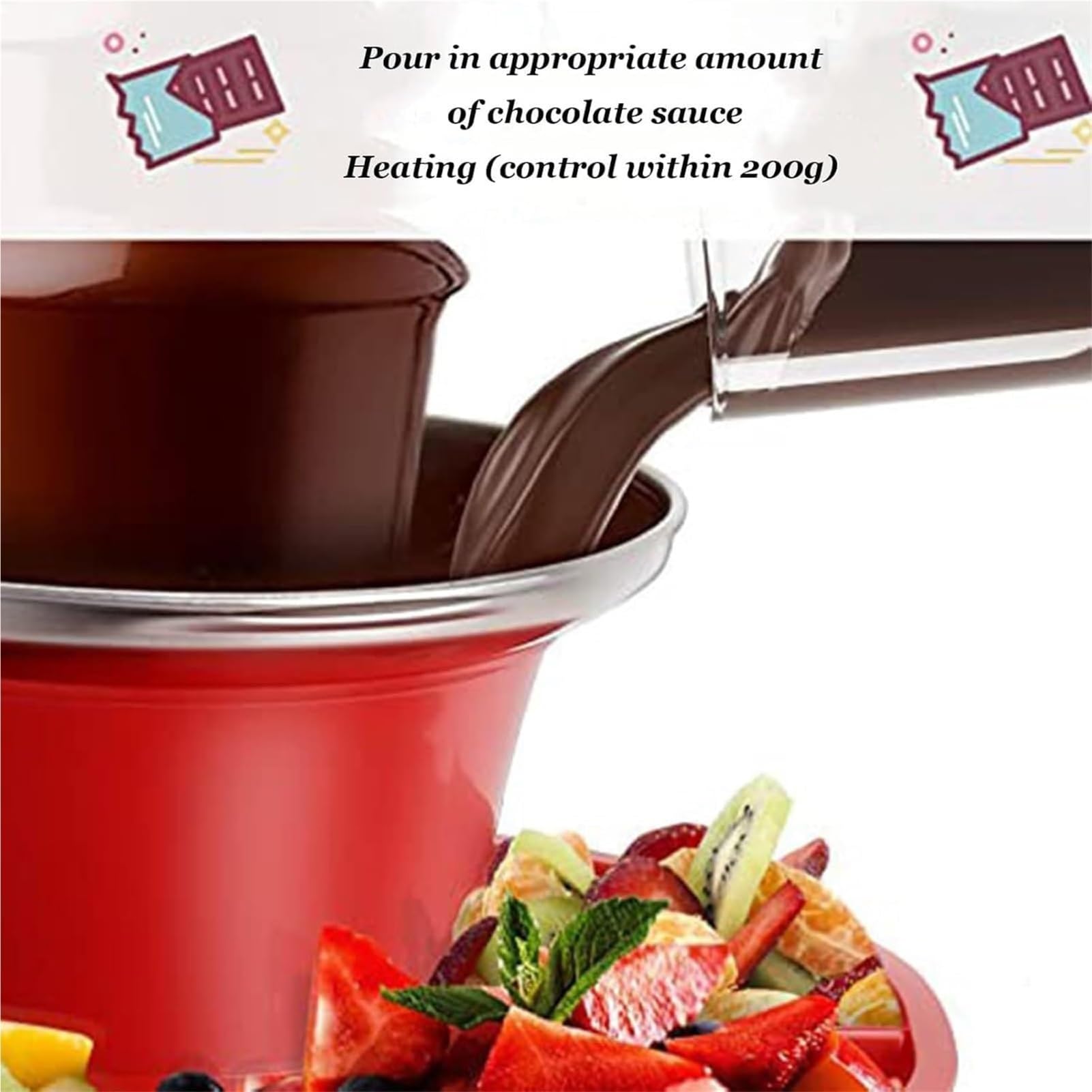 Mini fontanna czekoladowa do fondue ze zdejmowaną tacą na czekoladę mleczną | 3-poziomowa fontanna czekoladowa MINI, elektryczna fontanna czekoladowa ze stali nierdzewnej