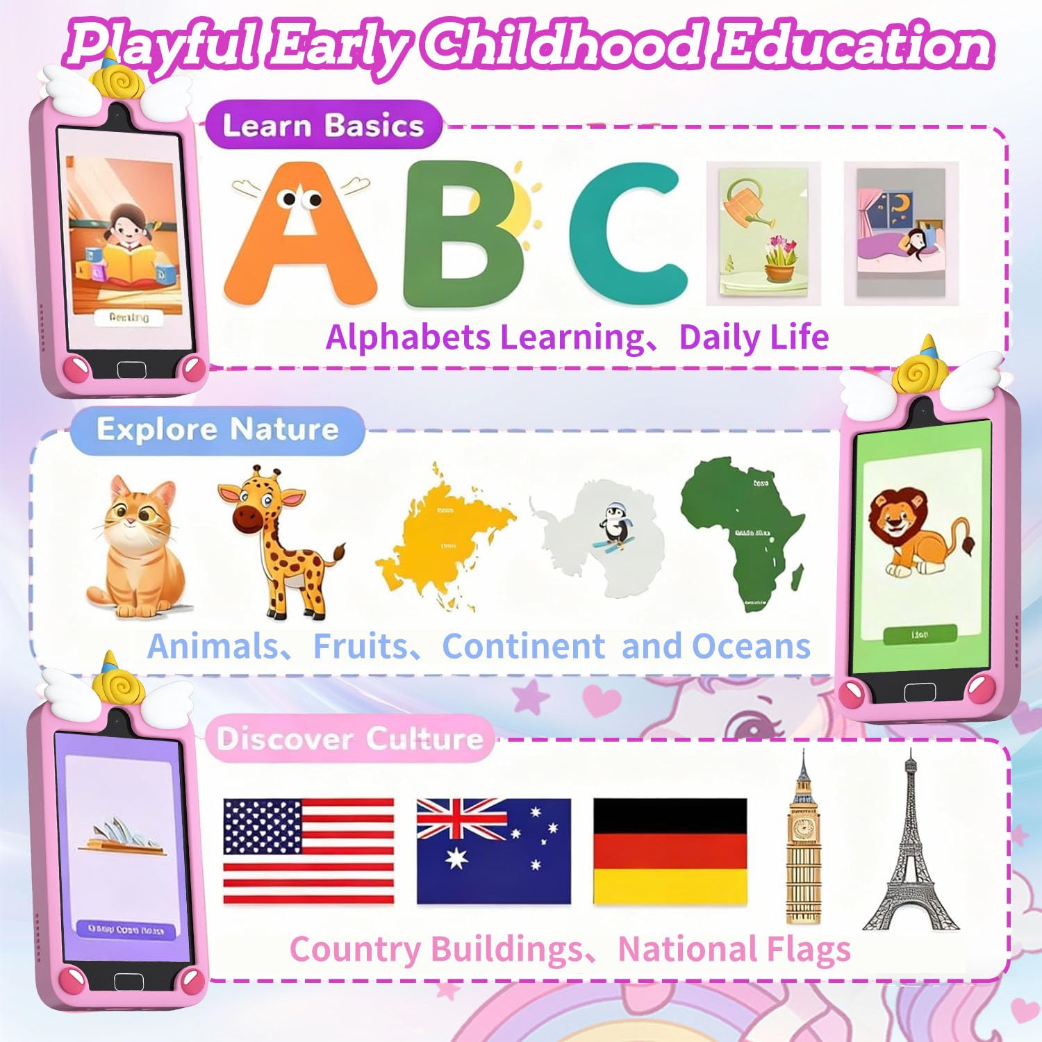 Teléfono inteligente para niños para niñas, teléfono celular de doble cámara con pantalla táctil de 4.0 pulgadas, juguetes educativos de aprendizaje preescolar, regalos de cumpleaños para edades de 3 7