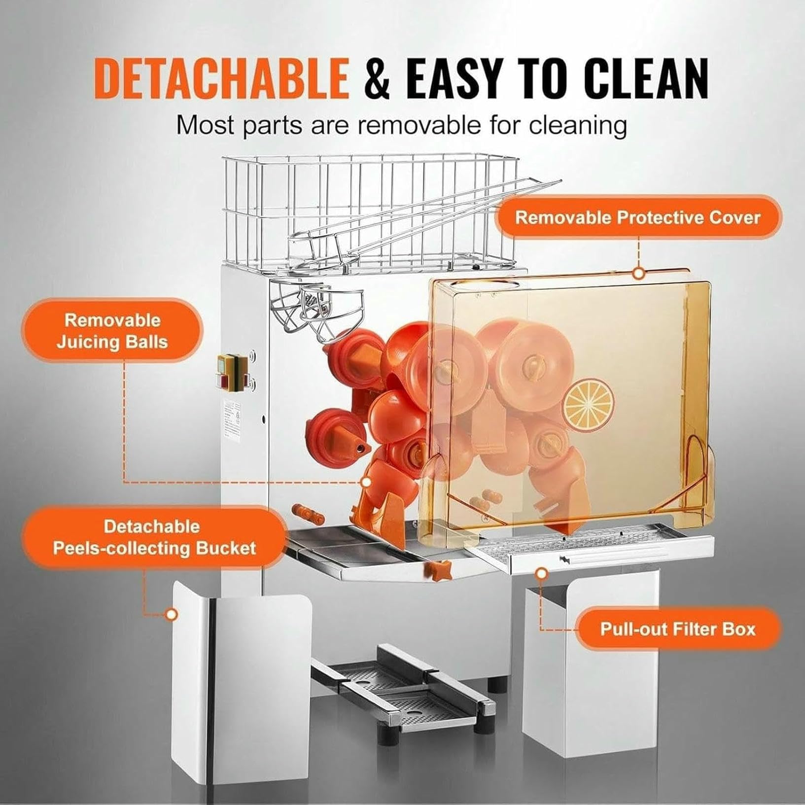 Máquina exprimidora de Naranjas Comercial de 120 W - Extractor de Zumo automático con Caja de Filtro extraíble, Cubierta de policarbonato, 2 Cubos para Recoger cáscaras, 20 Naranja