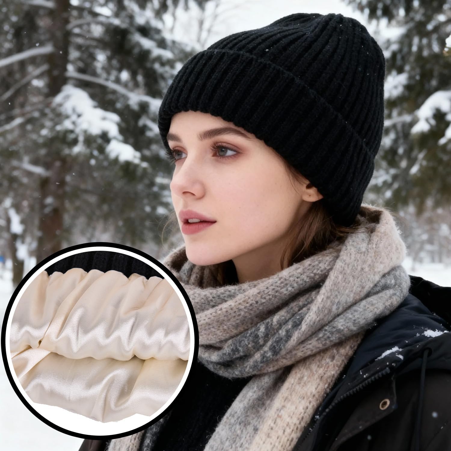 Satin Lined Beanie Hat Winter Beanie Silk Lined Beanie for Men Women Warm Knit Cuffed Winter Hat Ski Skull Cap - Image 5