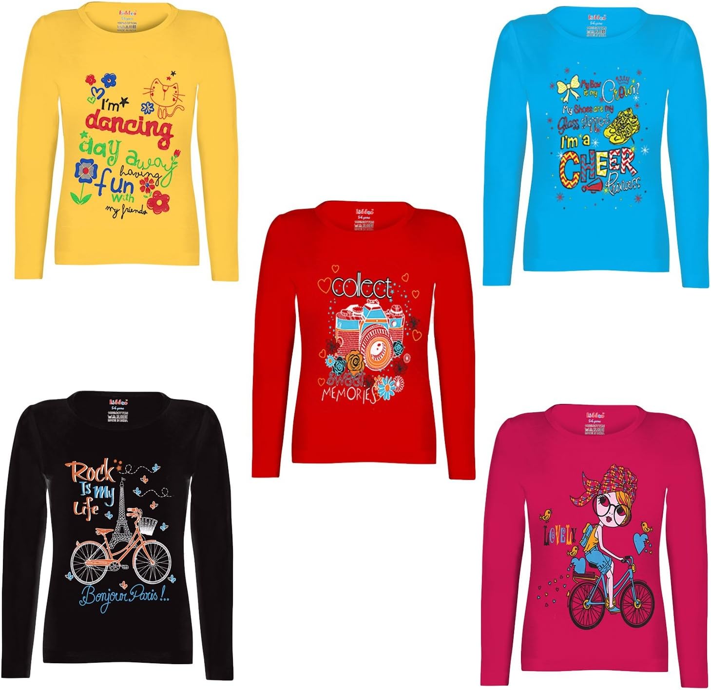 kiddeoKids Girls Full Sleeve t Shirts(Pack of 5)