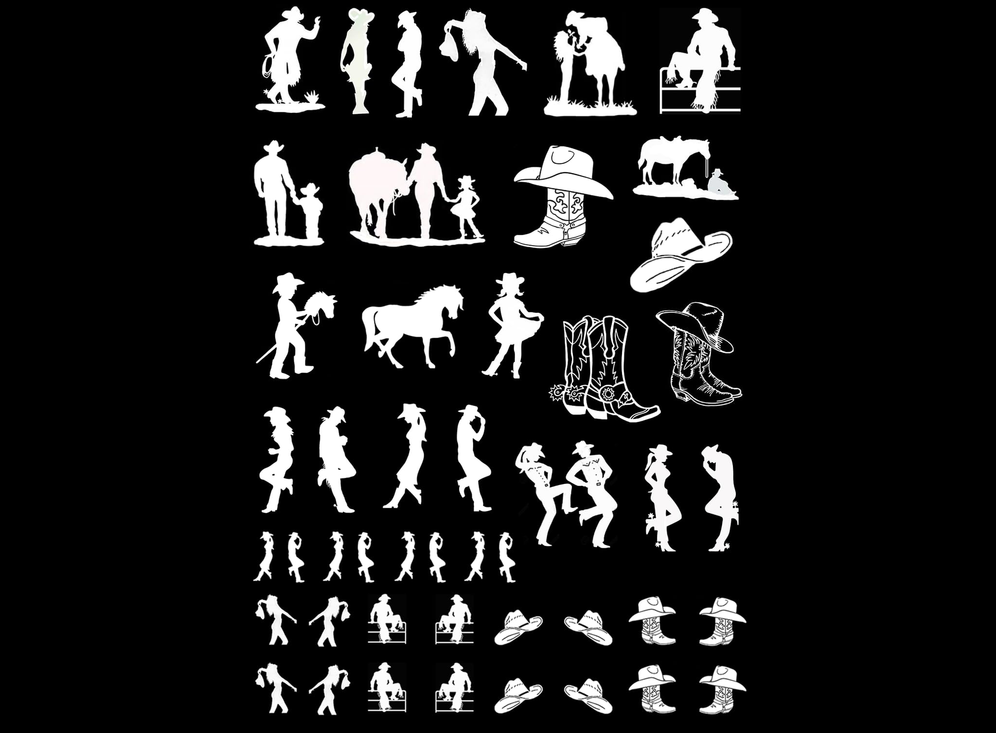 Cowboys Cowgirls 47 pcs White Fused Glass Decals