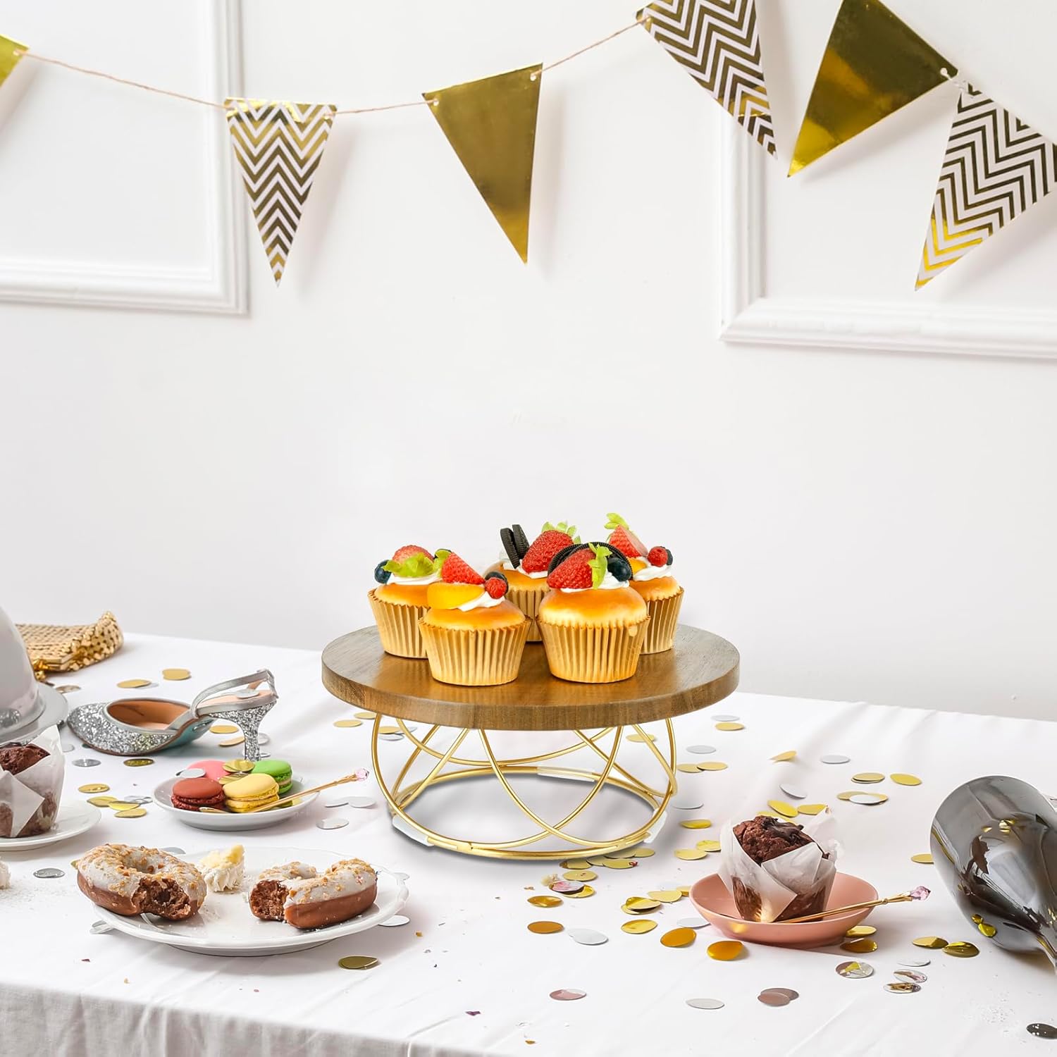 MyGift 10 Inch Round Cake Stand, Premium Acacia Solid Wood Gold Tone Metal Wire Pizza Pan Serving Stand, Table Display Riser for Cupcake Pie Dessert Wedding Party Decor