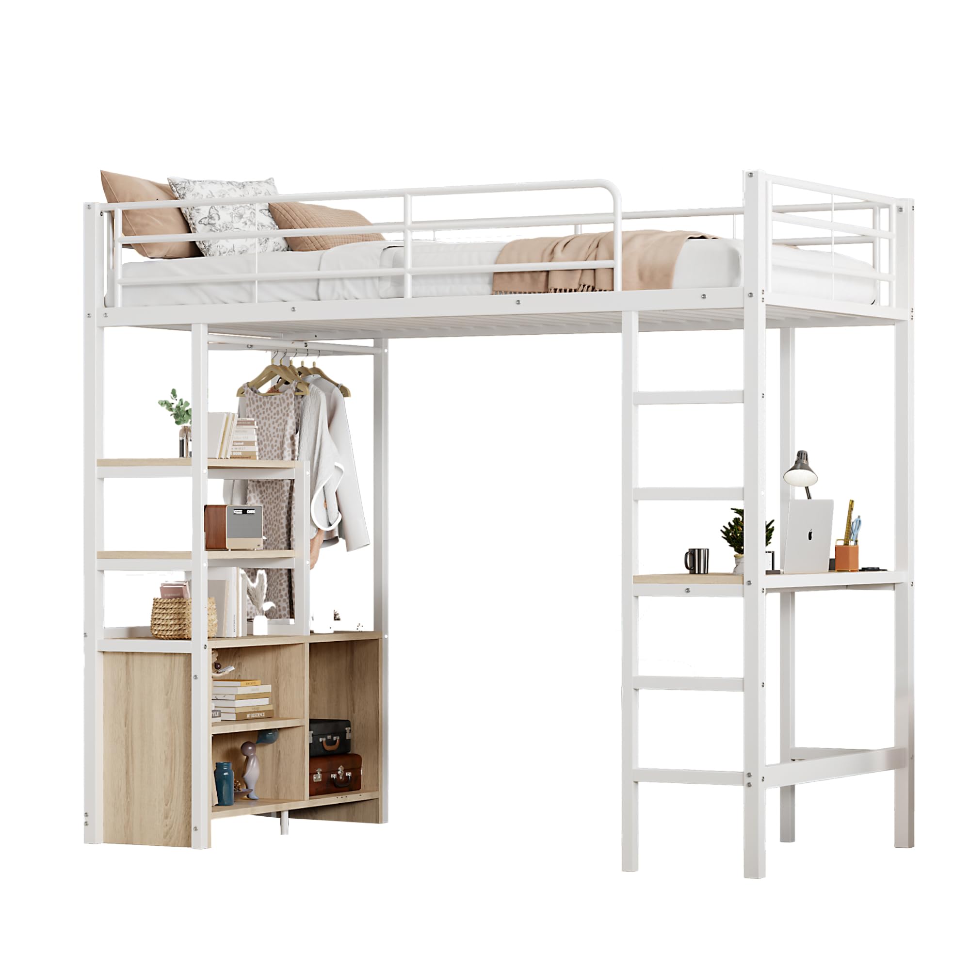 Azkoeesy Cama alta de metal con escritorio, 90 x 200 cm, multifunción, cama individual, cama juvenil, con barra de ropa, estante de almacenamiento, enchufe, color blanco