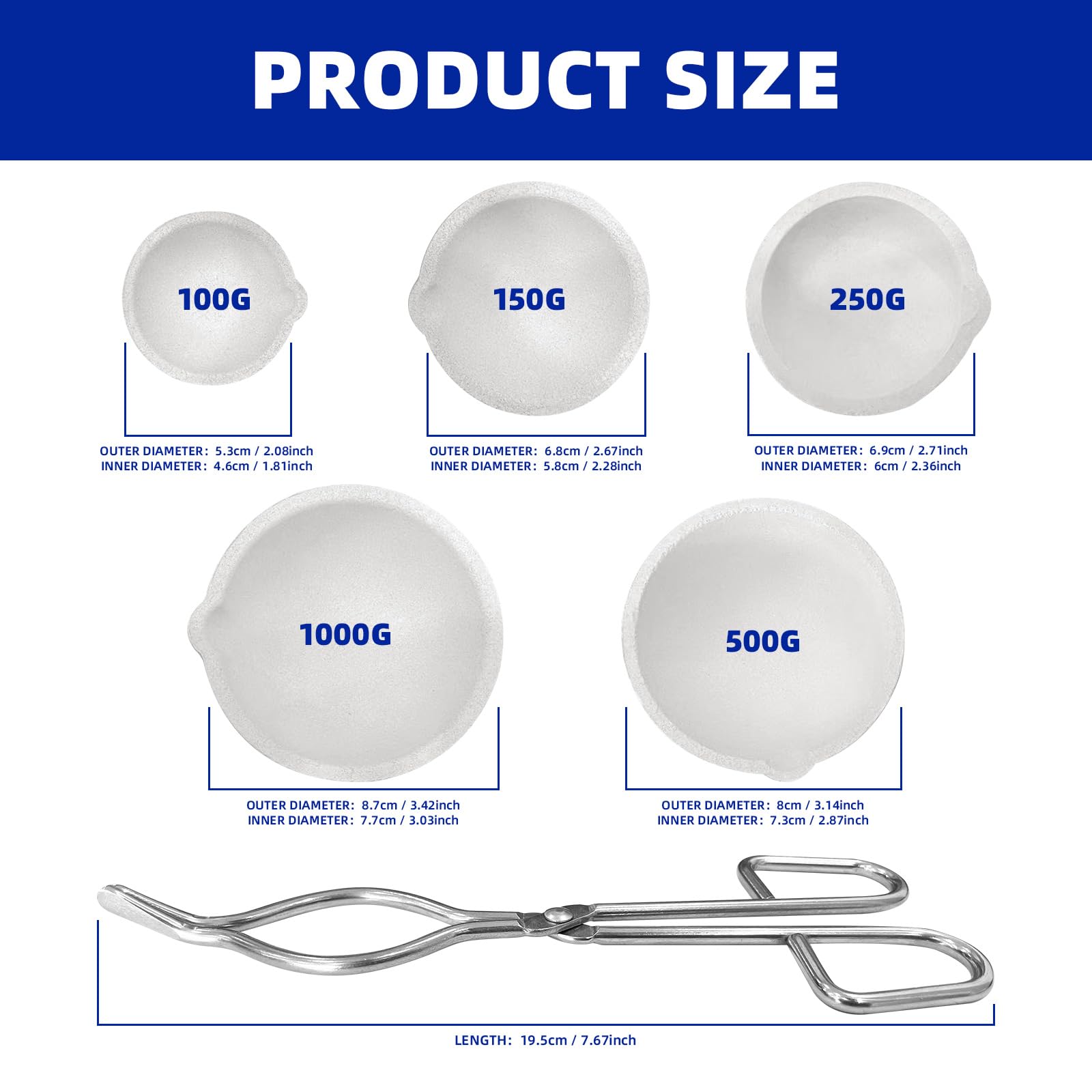 5 ciotole per crogiolo in ceramica con pinza per crogiolo da 20 cm, in quarzo e ceramica, per fusione, raffinazione, torcia, gioielli in lega di ottone, 100 g/150 g/250 g/500 g/1000 g
