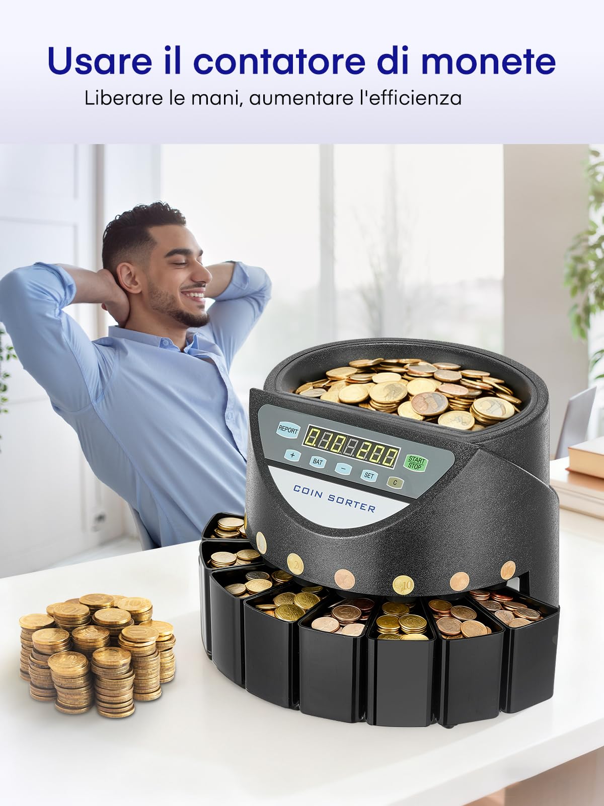 Macchina Contamonete Euro, Separatore Monete 300 Pezzi/Minuto, Capacità 800 Monete, Display LED 7 Cifre e Pannello di Controllo, 8 Cassetti di Raccolta, per Negozi, Scuole, Banche e Tabaccherie