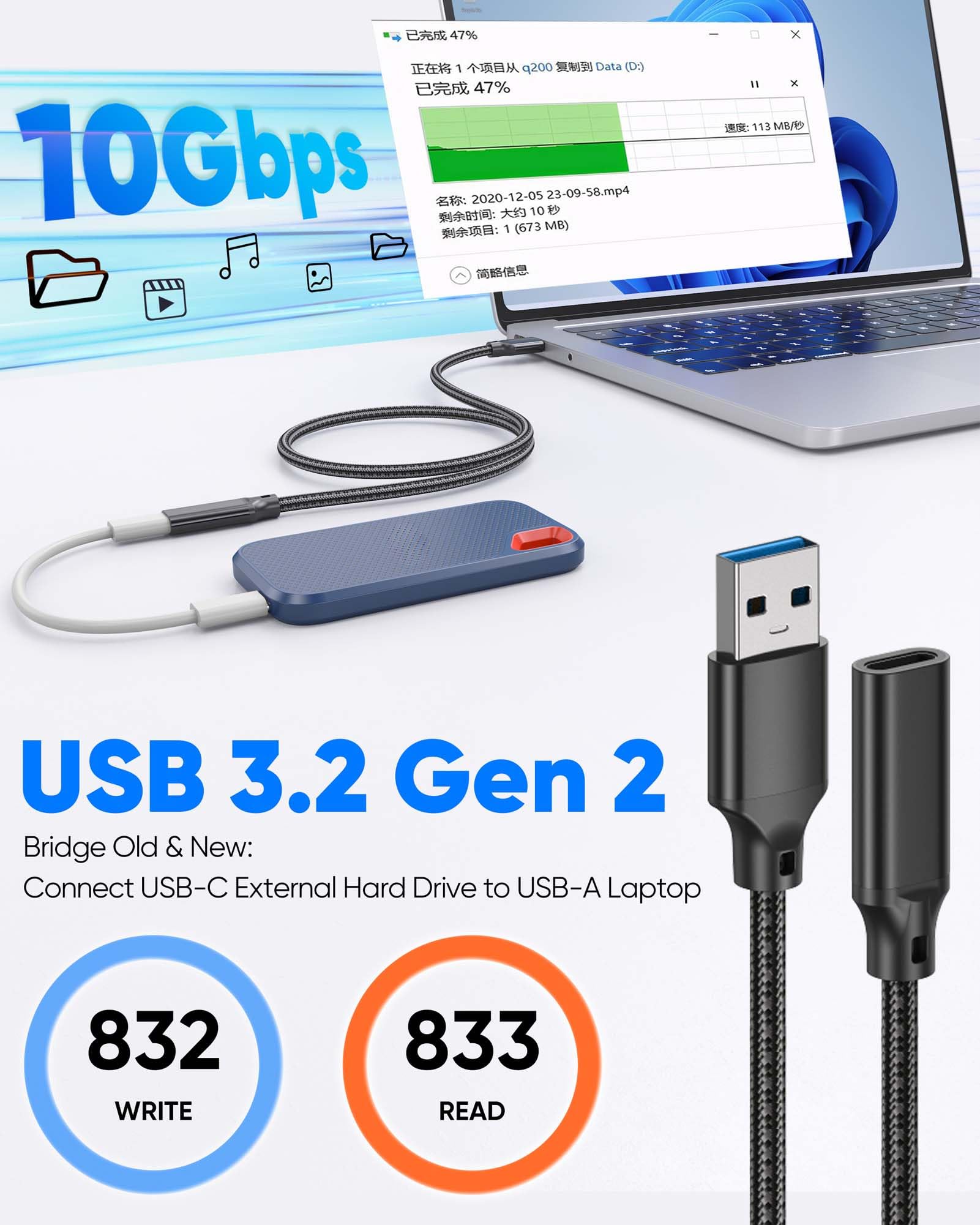 Cable USB C hembra a USB macho de 5 pies, cable de extensión USB A a USB C de 10 Gbps, transferencia de datos USB 3.2 GEN 2, carga segura de 60 W, cable adaptador USB A a C para laptop USB