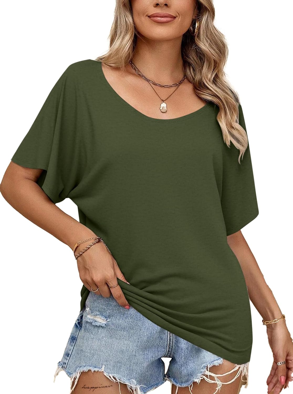Hilinker Womens Sexy Off The Shoulder Tops Short Batwing Sleeve T Shirt Oversized Casual Tee - Image 2