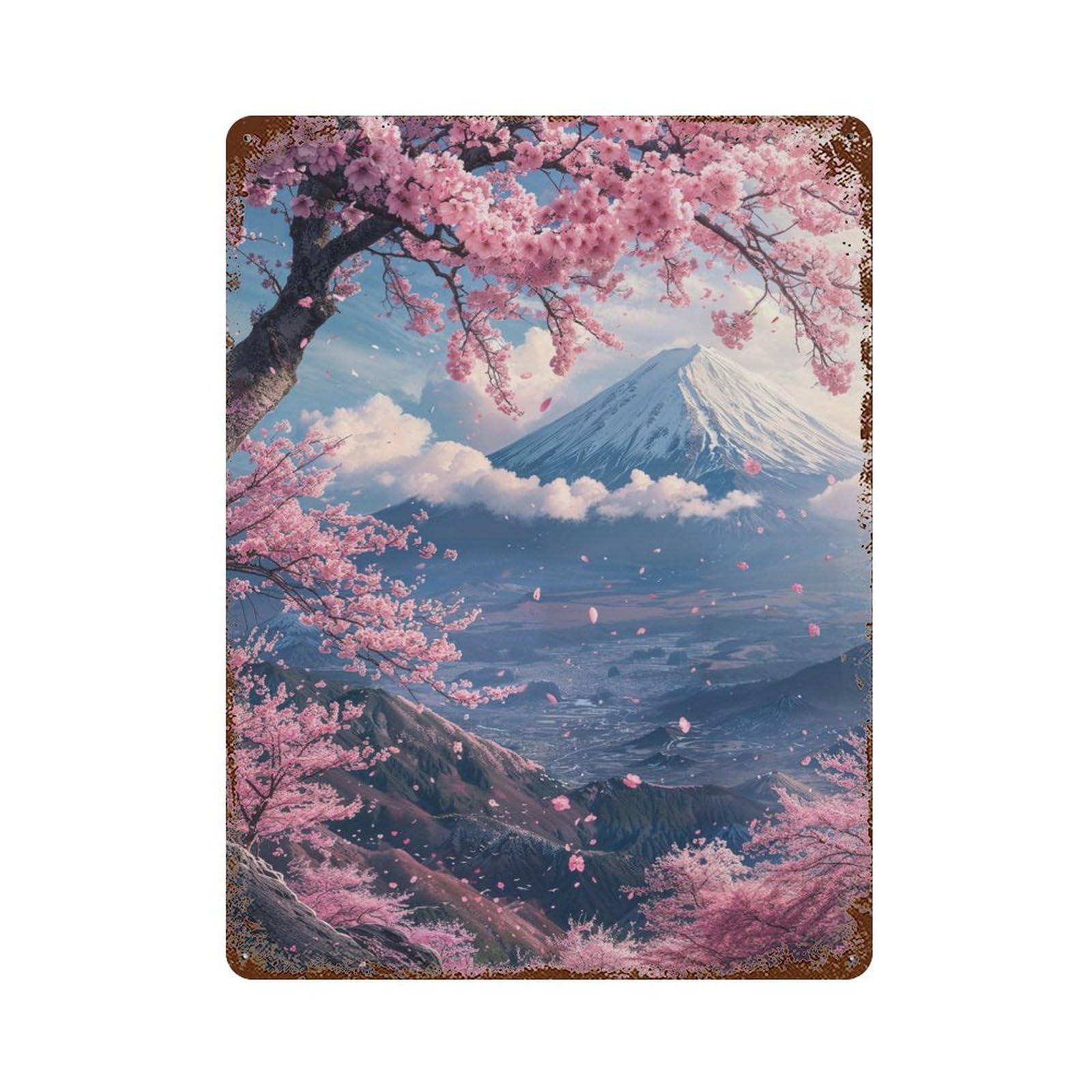 Rust Effect Japan Mount Fuji Sakura V2 Weathered Tin Sign 15.7"x11.8", Shabby Chic Decor for Patio, Garden Room And Bar Decor