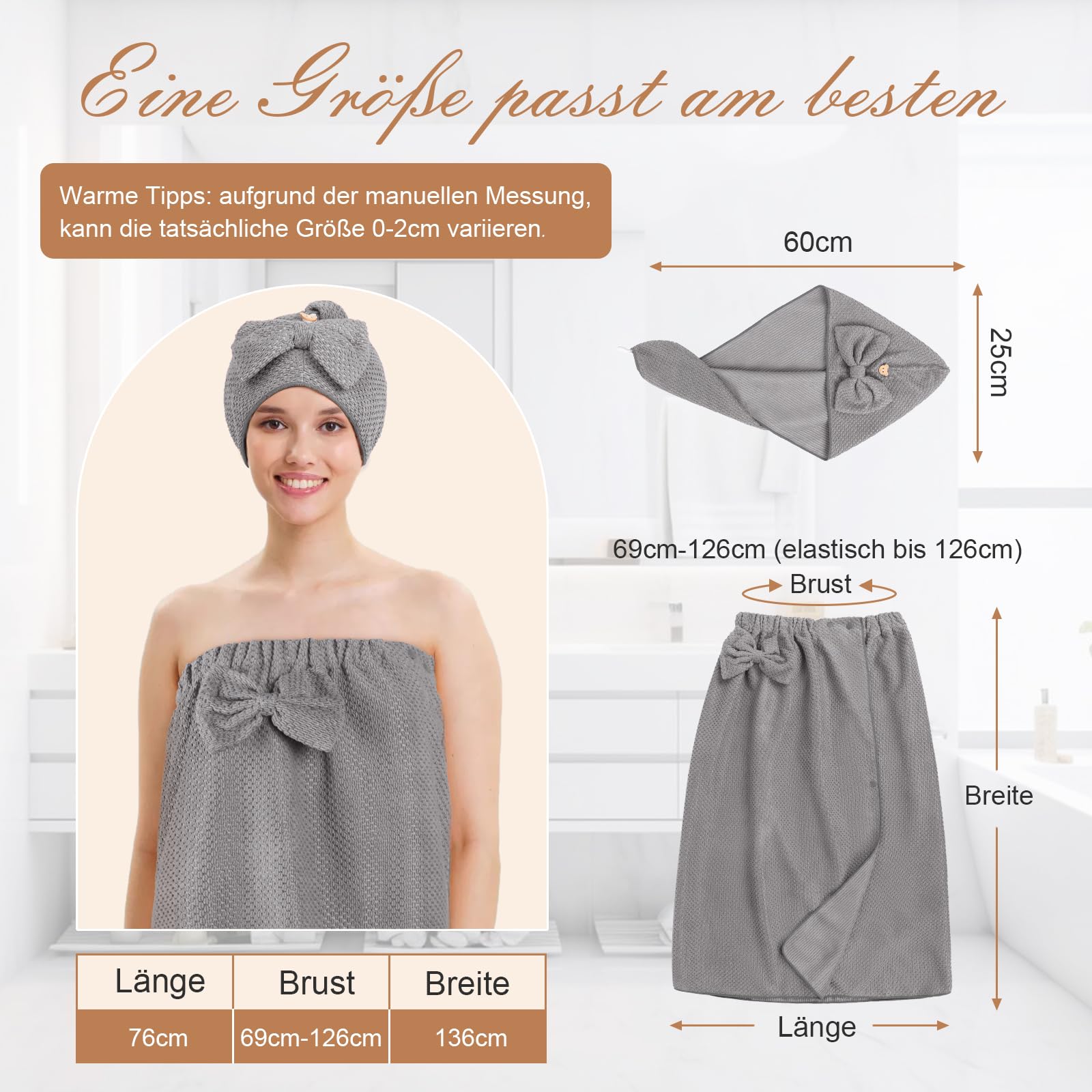 2 pezzi sauna spugna kilt accappatoio da donna con cuffia da doccia, sauna kilt da donna, asciugamano da bagno regolabile, elastico per sauna e sauna, vestibilità ideale per un'esperienza sauna