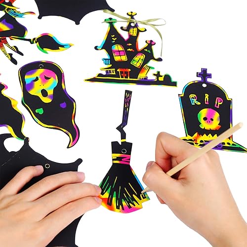 Miniatura 4 de DIYASY Papel para rascar de Halloween, 80 unidades, 20 diseños mágicos de arco iris para niños, manualidades de Halloween con 20 palos y cinta