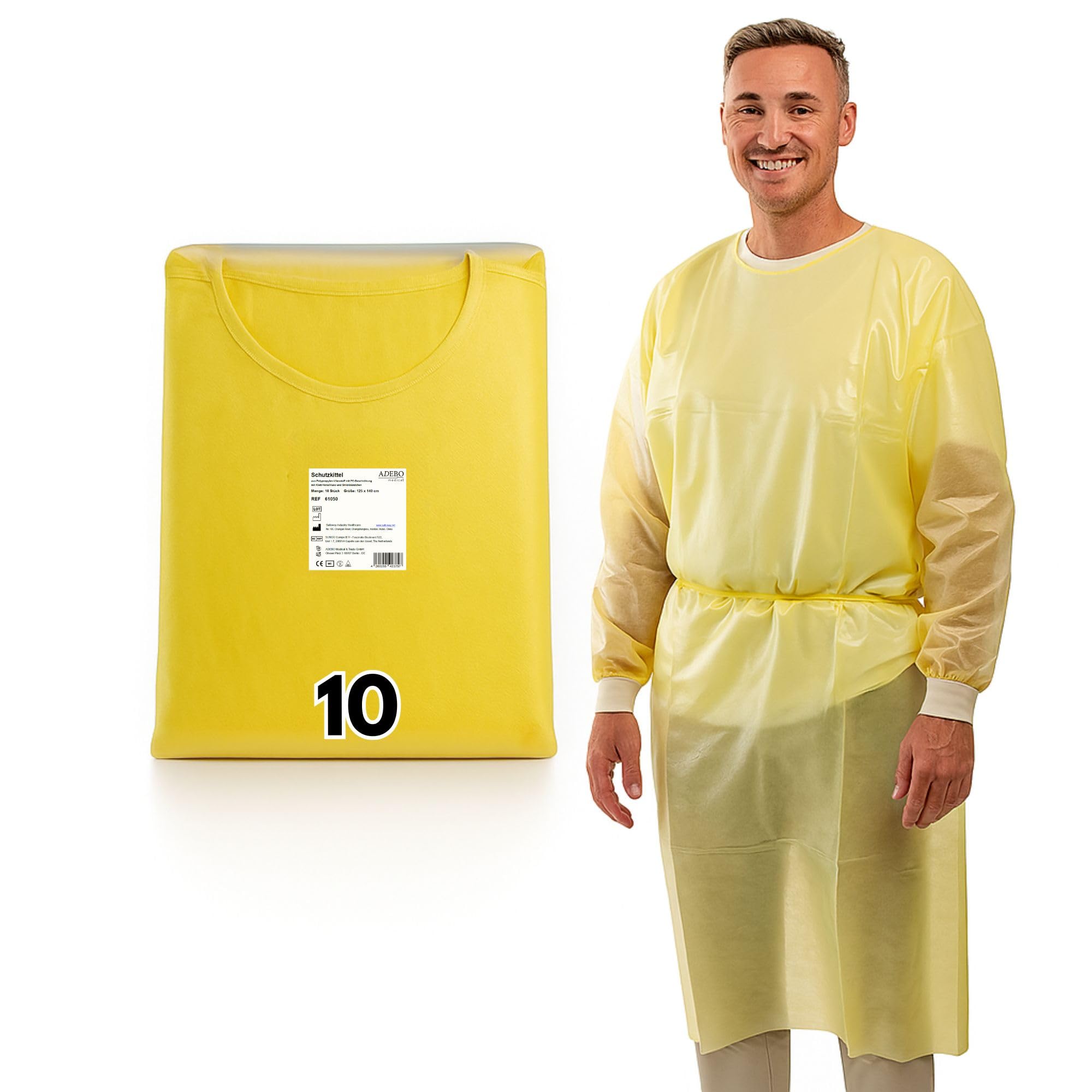 10St. | Gelb | Einweg PP+PE Schutzkittel Optimaler Schutz Einmal Kittel mit Strickbündchen & Klettverschluss – Premium OP Kittel (125x140cm)
