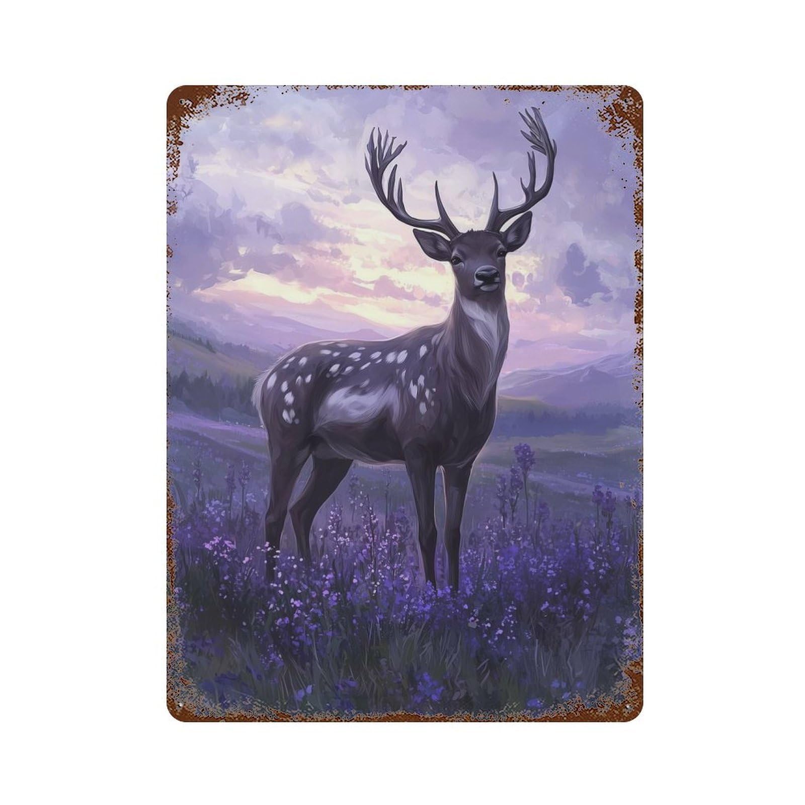 Deer in Lavender Field Aged Metal Wall Plaque 15.7"x11.8", Industrial Home Decor for Pub, Kitchen And Man Cave Decor