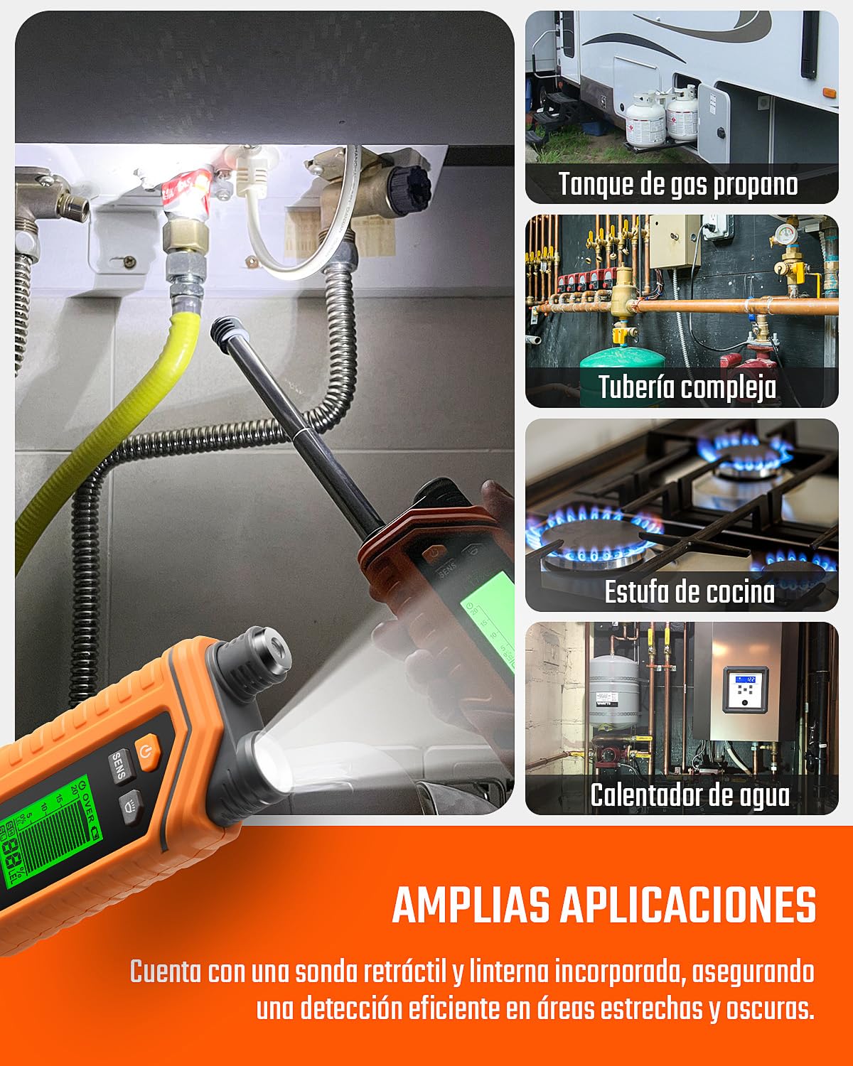TopTes PT760 Detector de Gas Natural Recargable, Detector de Fugas con Sonda Extensible de 30cm, Sensor%LEL para Propano, Metano, Butano y Gases Combustibles en el Hogar o RV con Linterna - Naranja