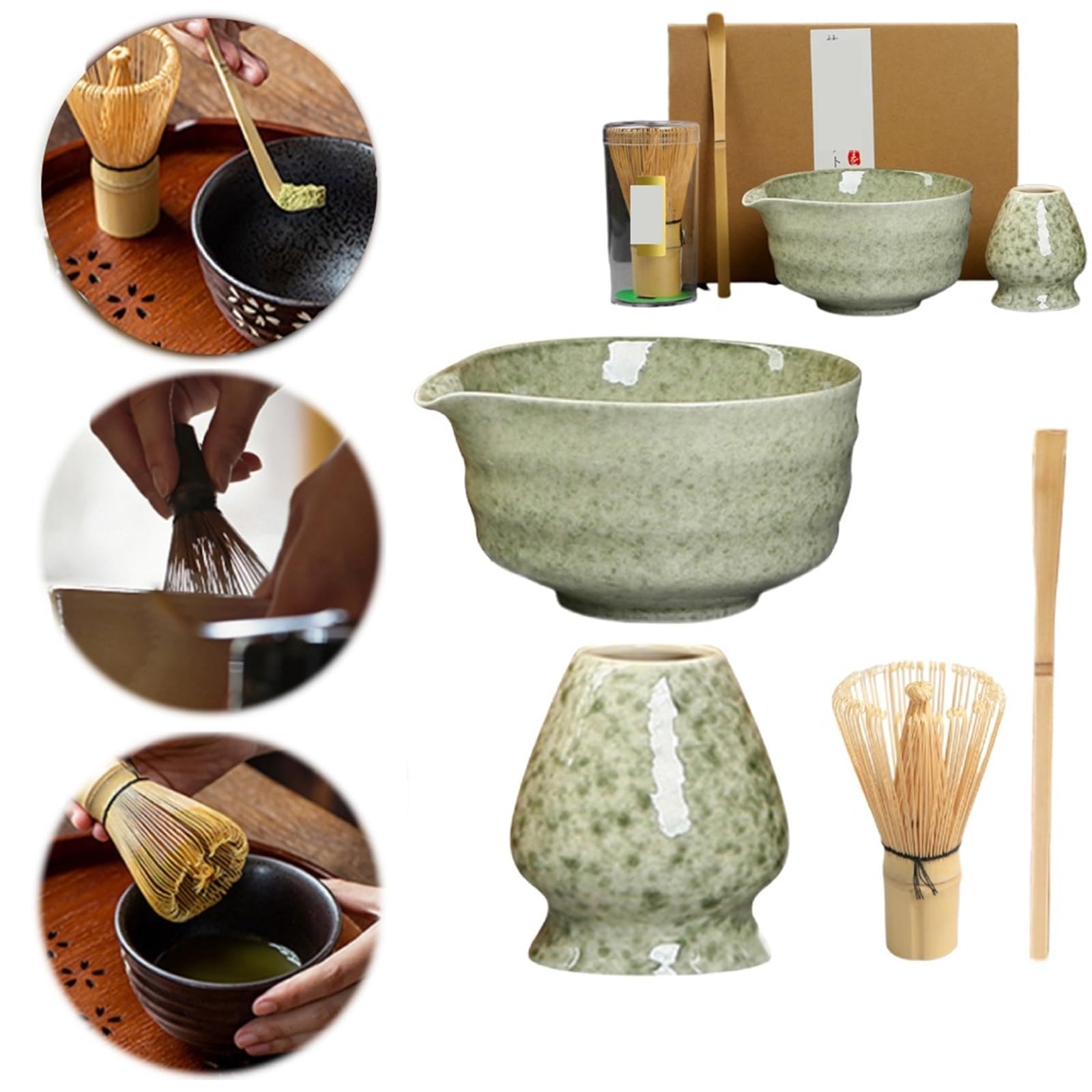 Matcha Set 4-teiliges Matcha-Tee-Set aus Keramik, Matcha-Schüssel, Matcha-Schneebesenhalter, Schneebesen, Teelöffel, Tee-Werkzeuge, Tee-Zubehör