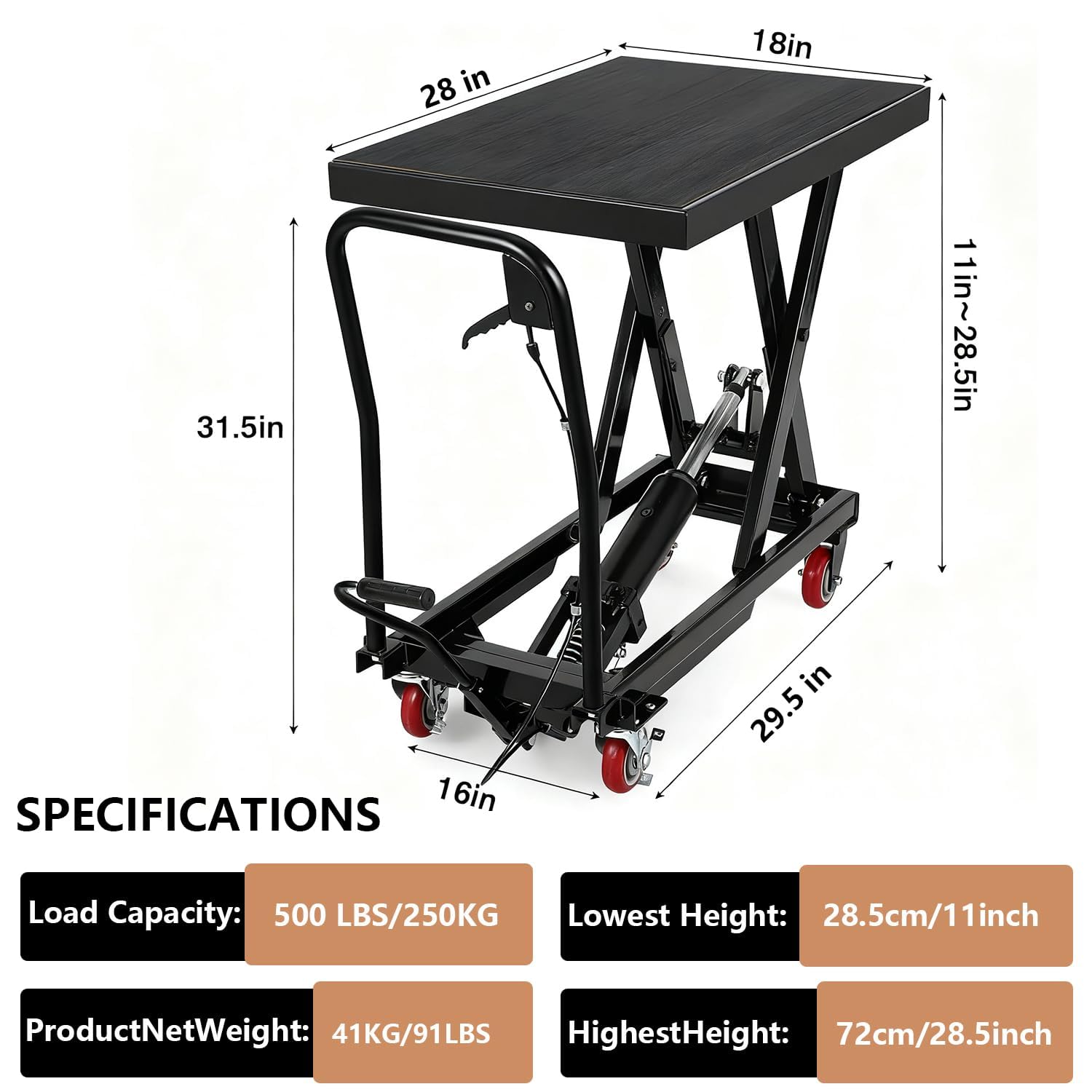 Carro elevador de 230 kg de carga, mesa elevadora hidráulica de 28 – 72 cm, plataforma elevadora con 4 ruedas y plataforma de goma de 71 x 46 cm, elevador de tijera para fábricas, almacenes