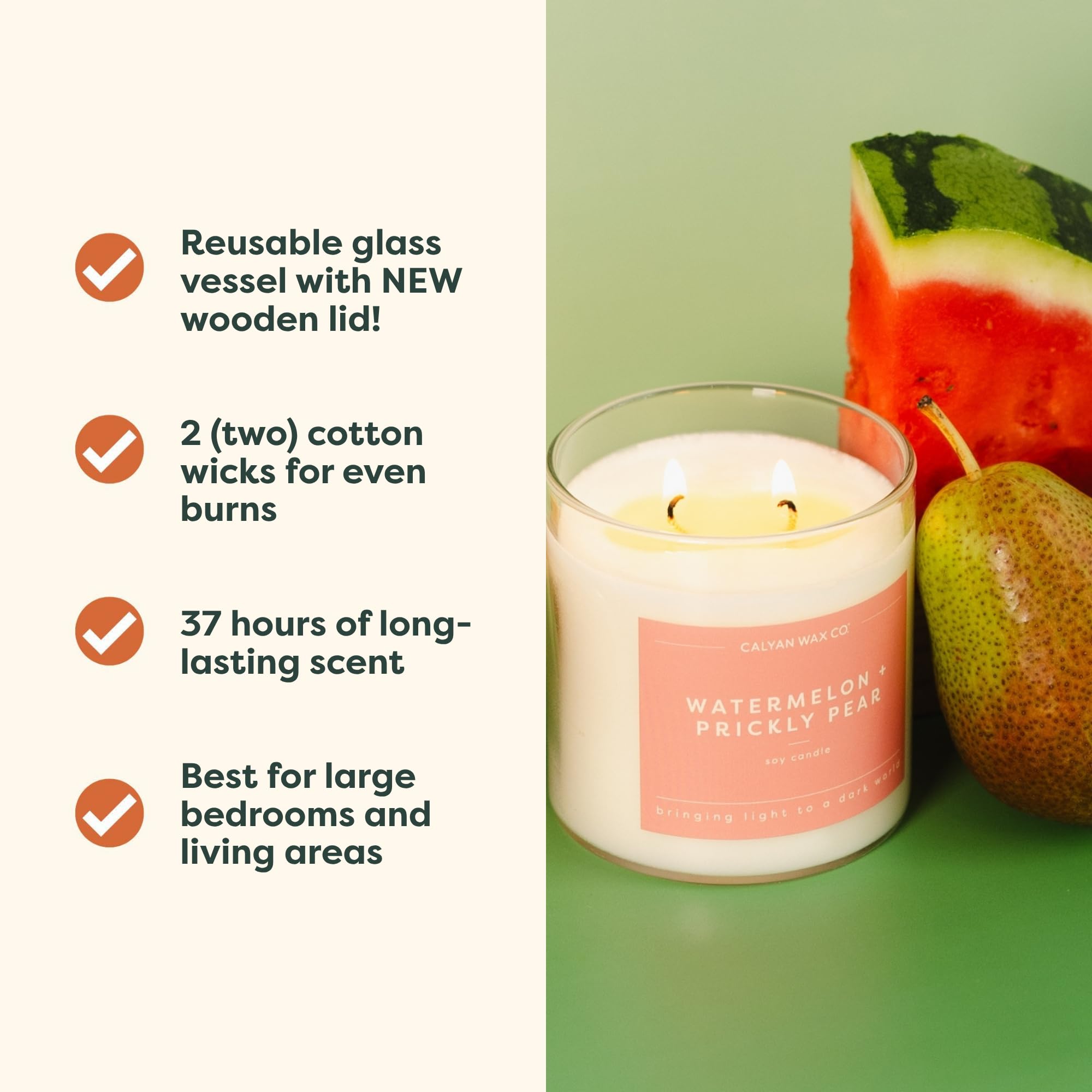 Calyan Wax Co. Vela perfumada de 2 mechas de sandía y pera espinosa – 37 horas de combustión – Velas de cera de soja no tóxicas de lujo – Vela en tarro de vidrio grande de larga duración para el hogar