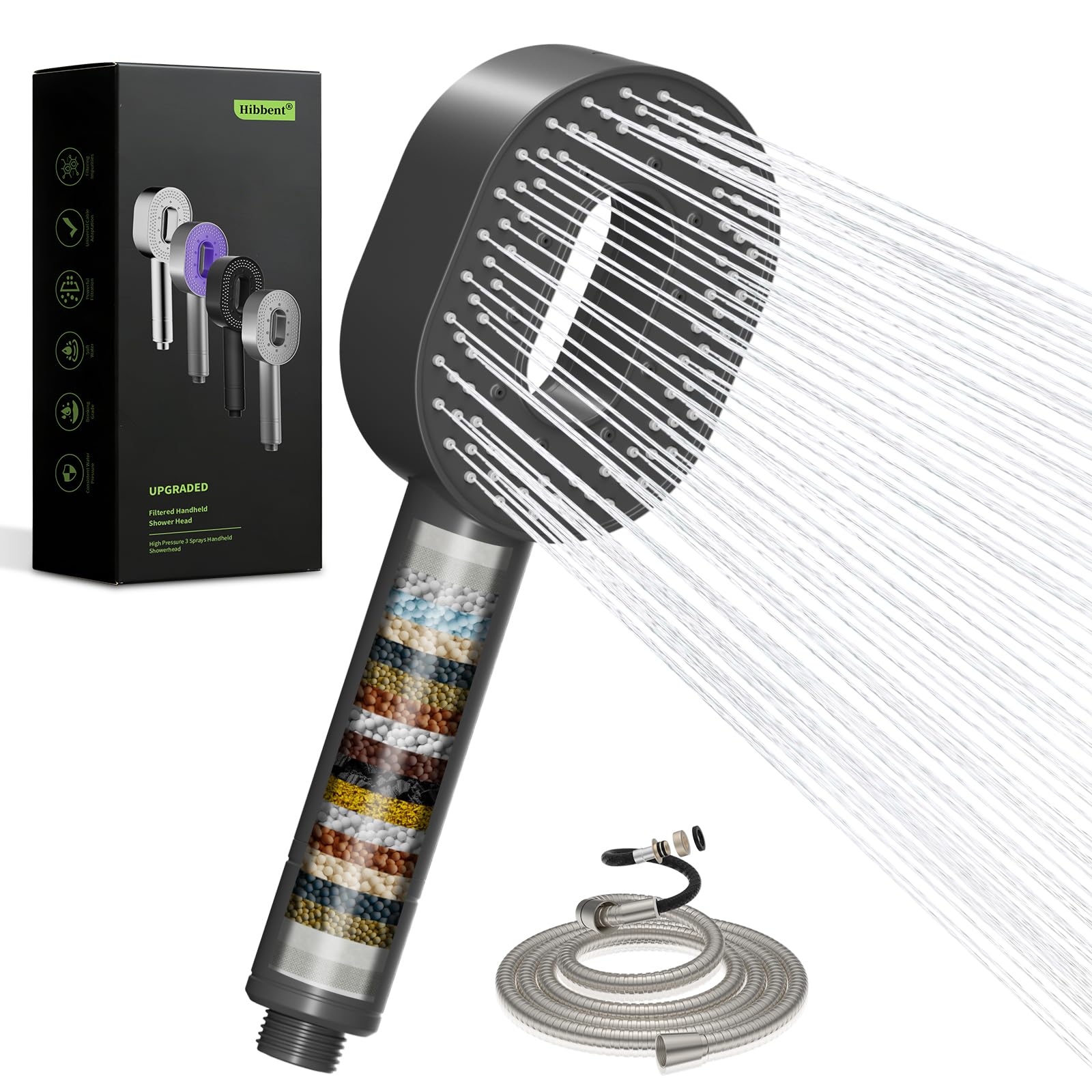 Hibbent Handheld Shower Head and Hose with 20 Stage Water Filter, 5 Spray Jet Modes High Pressure Shower Head and 1.5m Hose, Massage Shower Filter for Residual Chlorine Remove, Grey