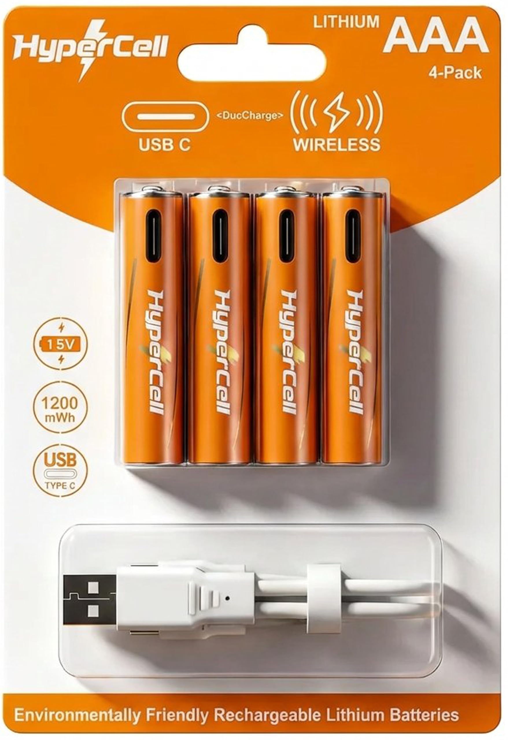 Hypercell® AAA Rechargeable Batteries | 1.5V High Capacity 𝕃𝕚𝕥𝕙𝕚𝕦𝕞 1200 mWh| Dual Fast Charge (USB‑C Direct + Wireless Charge),1500+ Cycles| 15‑Year Lifespan| OEM 3 Years Warranty| Made in U.S