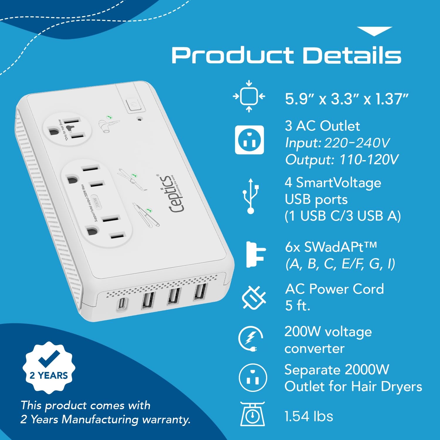 Ceptics - Convertitore di tensione da viaggio da 2000 W per asciugacapelli e 200 W convertire 220 V a 110 V per arricciacapelli, liscianti, caricabatterie, riduttore World Power 4 Ricarica USB QC 3.0
