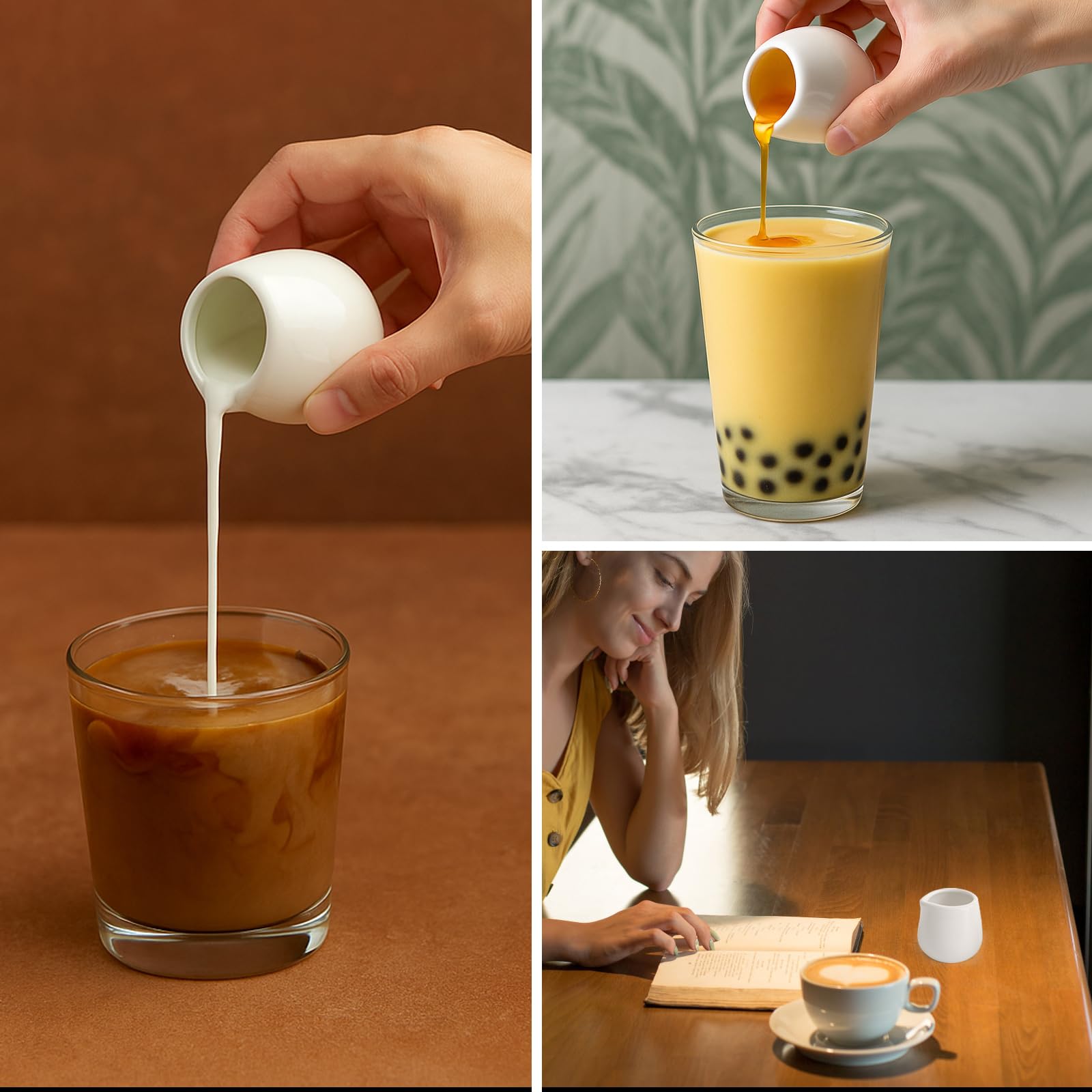 APOMOONS 6 Stück Milchkännchen Klein, Milchkännchen Porzellan mit Keramiklöffel, Sauciere Porzellan für Milch Kaffee Sirup Soßen (50ml, Weiß)