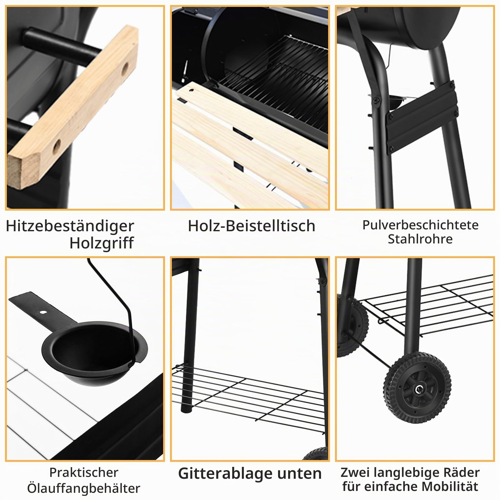 KOMFOTTEU Holzkohlegrill mit Kamin, 2 in 1 Räuchern Grillen, Thermometer und Rädern, Rauchgrill Stahlgrill mit seitlichem Tisch & Bodenregal, Grillwagen BBQ für outdoor, Smoker Grill 115x65x108 cm