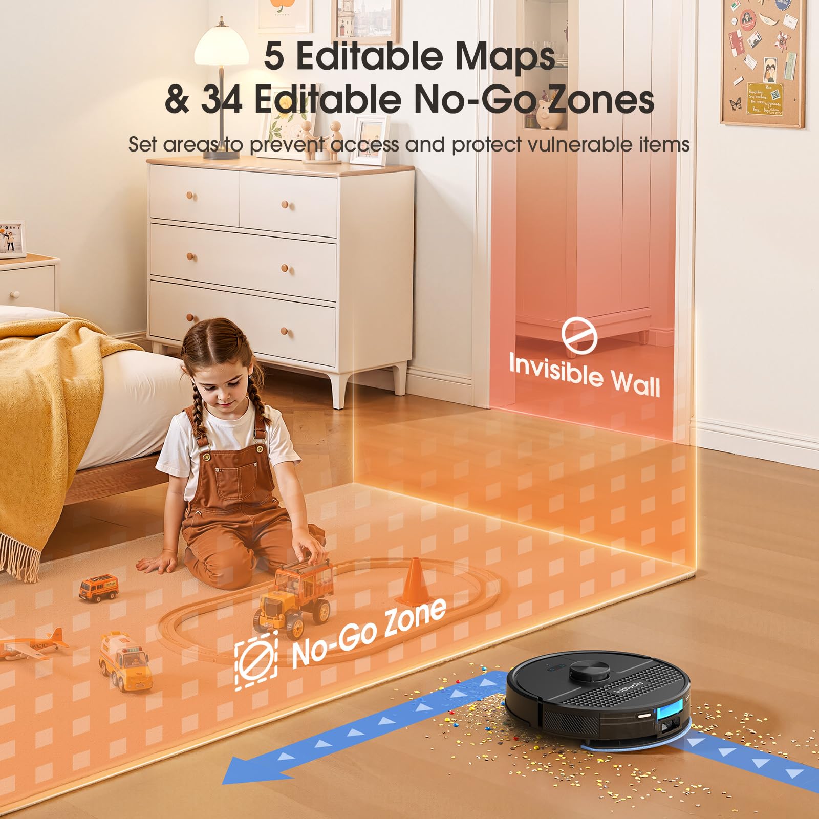 Lubluelu Saugroboter mit Wischfunktion 3-1, 5000Pa Staubsauger Roboter mit Lasernavigation, 54 dB Roboterstaubsauger mit Anti-Siphon-Technologie, 150 Min Laufzeit, APP Steuerung, 24 No-Go Zonen (SL68)