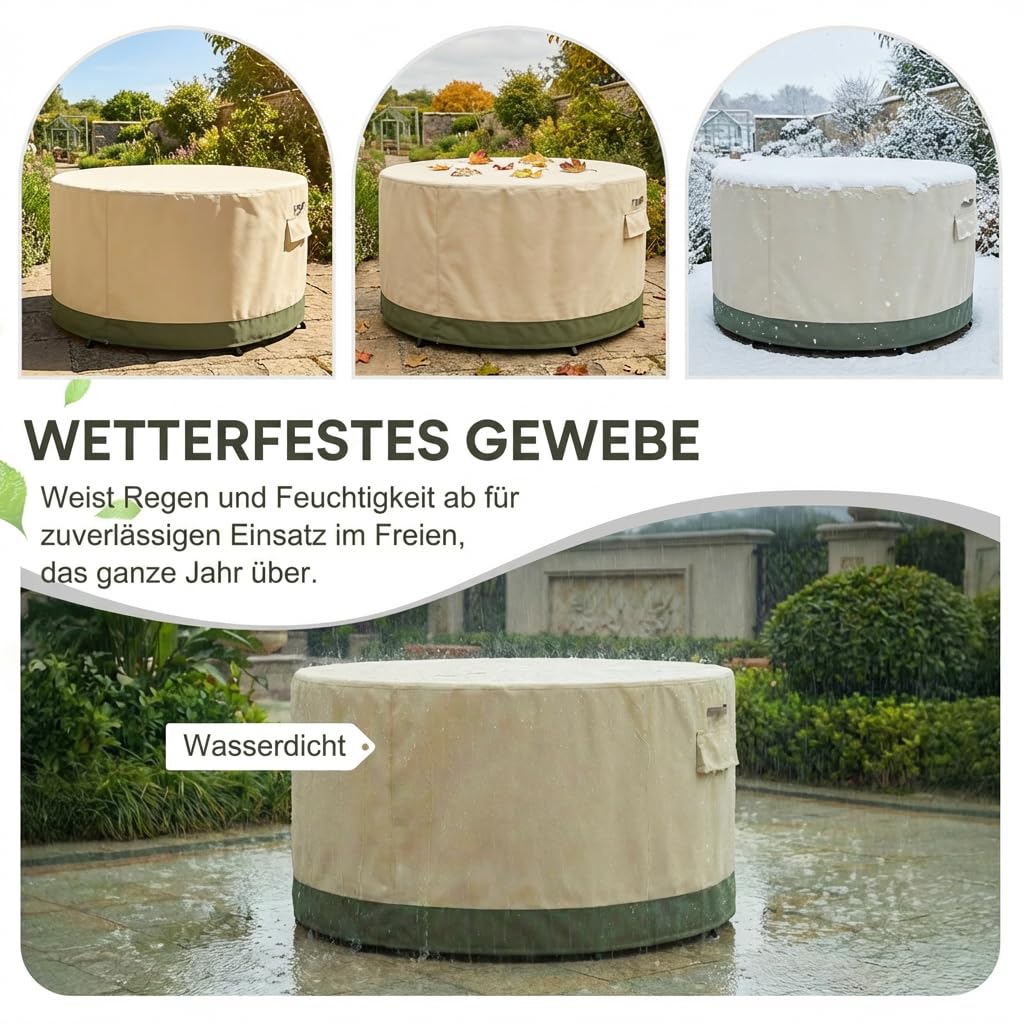 COWVIE Runde Möbelabdeckung für Terrassen-Essgarnitur für Tisch und Stühle im Freien, 600D wasserdichte und UV-beständige Stoffabdeckung für Terrassenmöbel mit Stauraum und Belüftungsöffnung