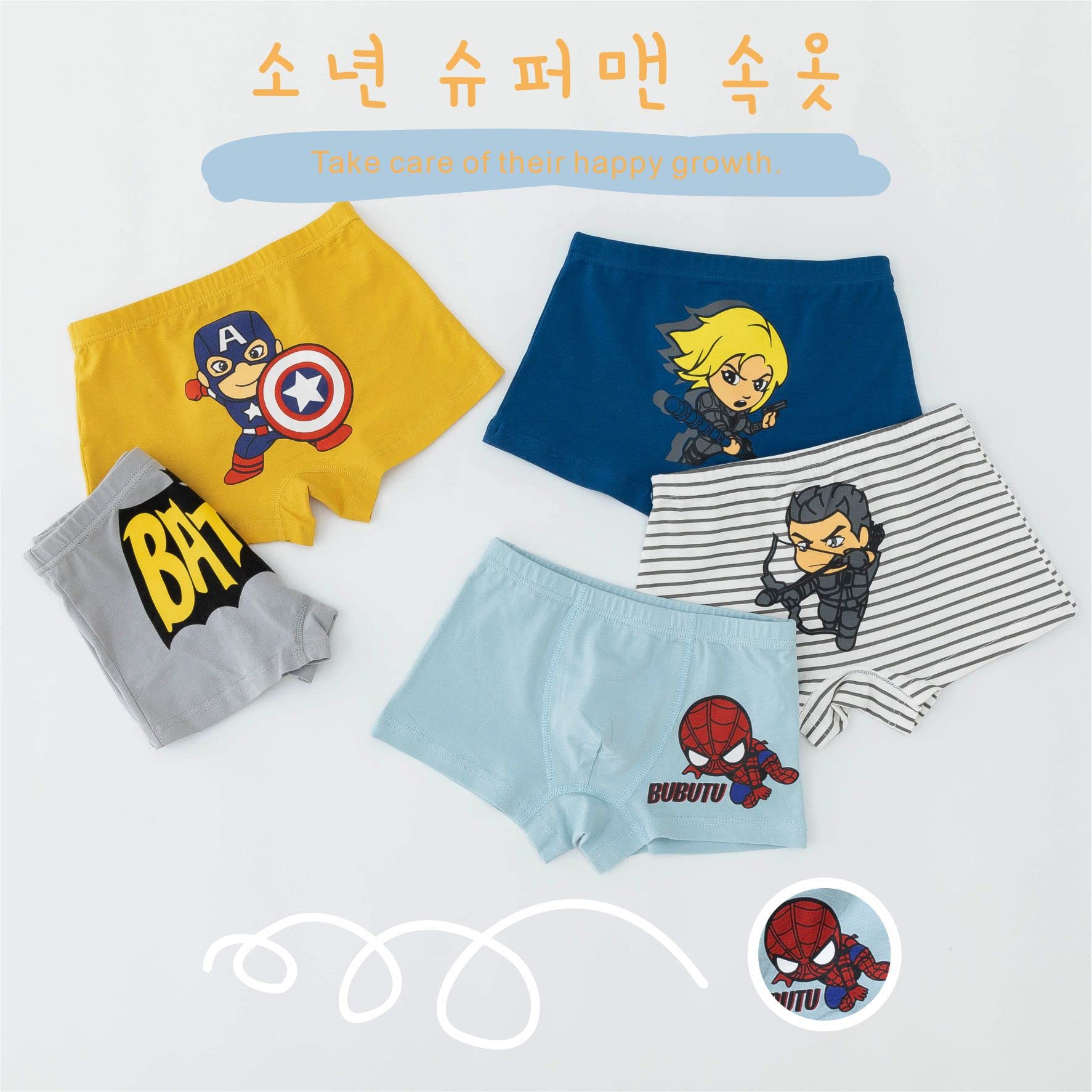 FEIFEI'S BOW Lot de 5 sous-vêtements Avengers Spiderman Batman pour enfant - Sous-vêtements en coton - Coffret cadeau