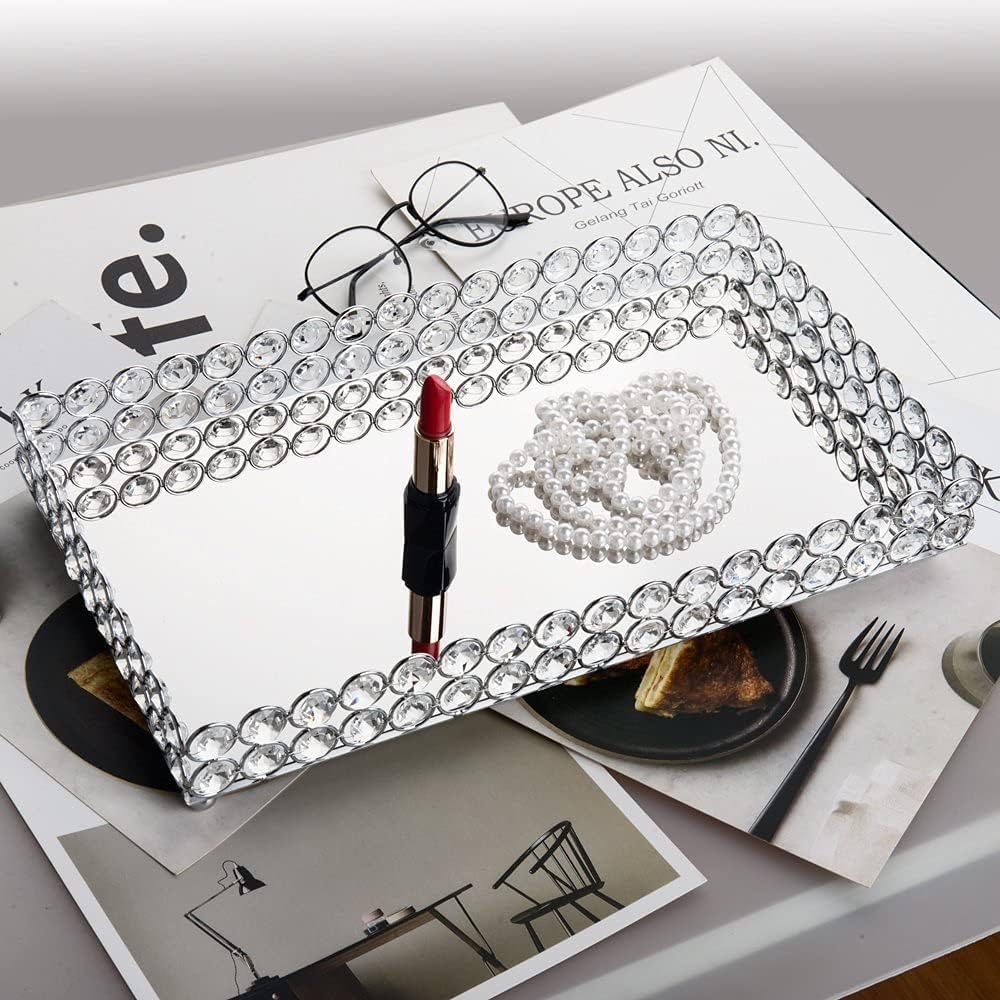 Feyarl Crystal Perfume Tray Cosmetic Vanity Makeup Tray Mirrored Jewelry Trinket Rings Earrings Organizer Storage Decorative Tray for Dresser Countertop Wedding Home Bathroom(13.7" x 7.87") - Image 9