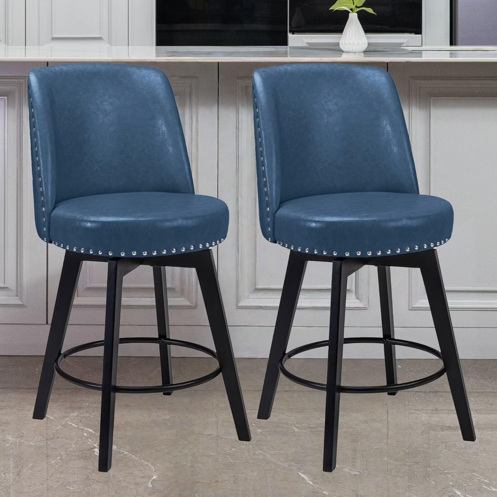 MINCETA Bar Stools Set of 2, PU Leather Barstools, 26 Inch Upholstered Counter Stools with High Back and Footrest, Swivel Counter Height Barstools for
