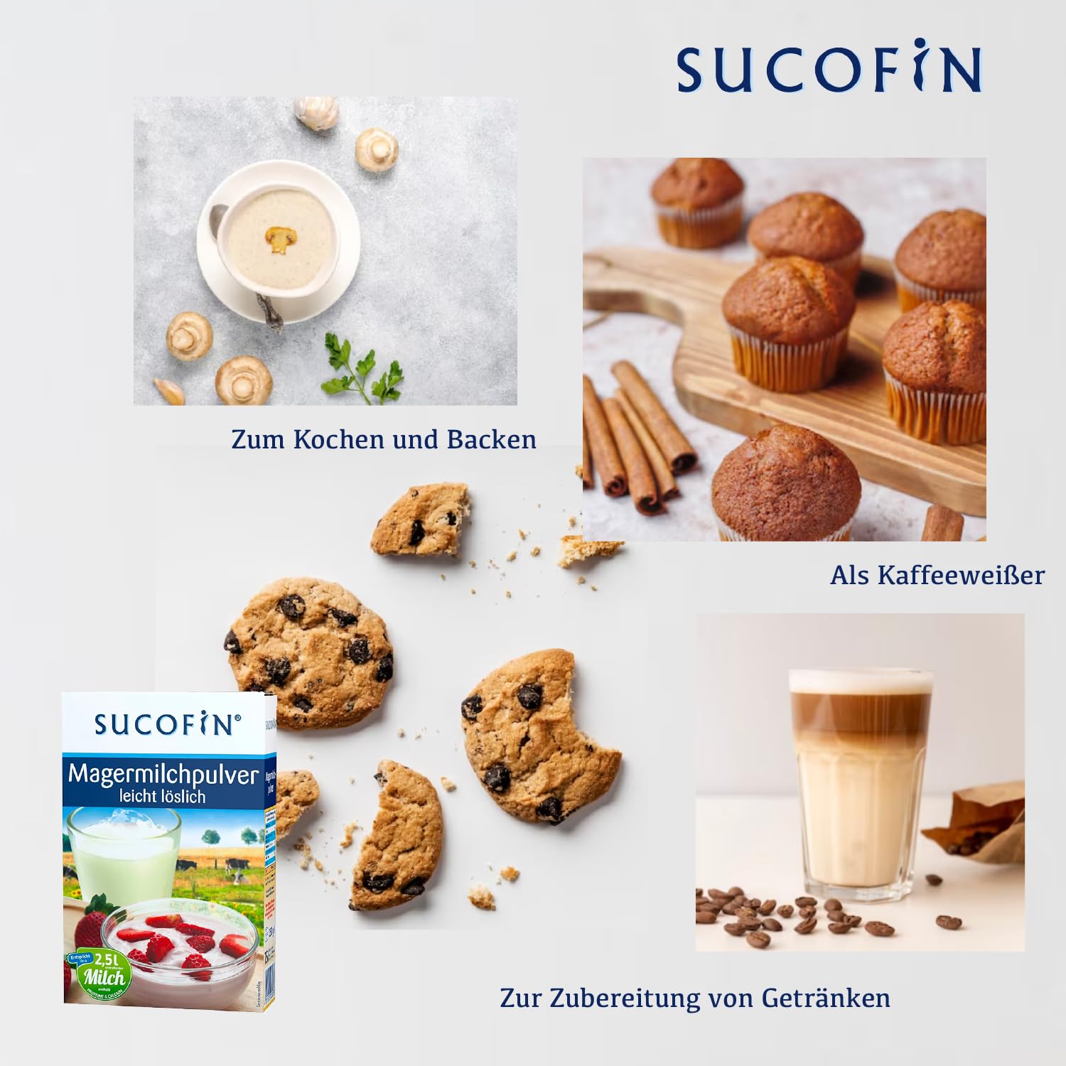 SUCOFIN Odtłuszczone mleko w proszku 27 x 250 g opakowanie ekonomiczne, łatwo rozpuszczalne, idealne jako białka do kawy i do gotowania, pieczenia, musli, deserów, idealne do restauracji, biura, domu,