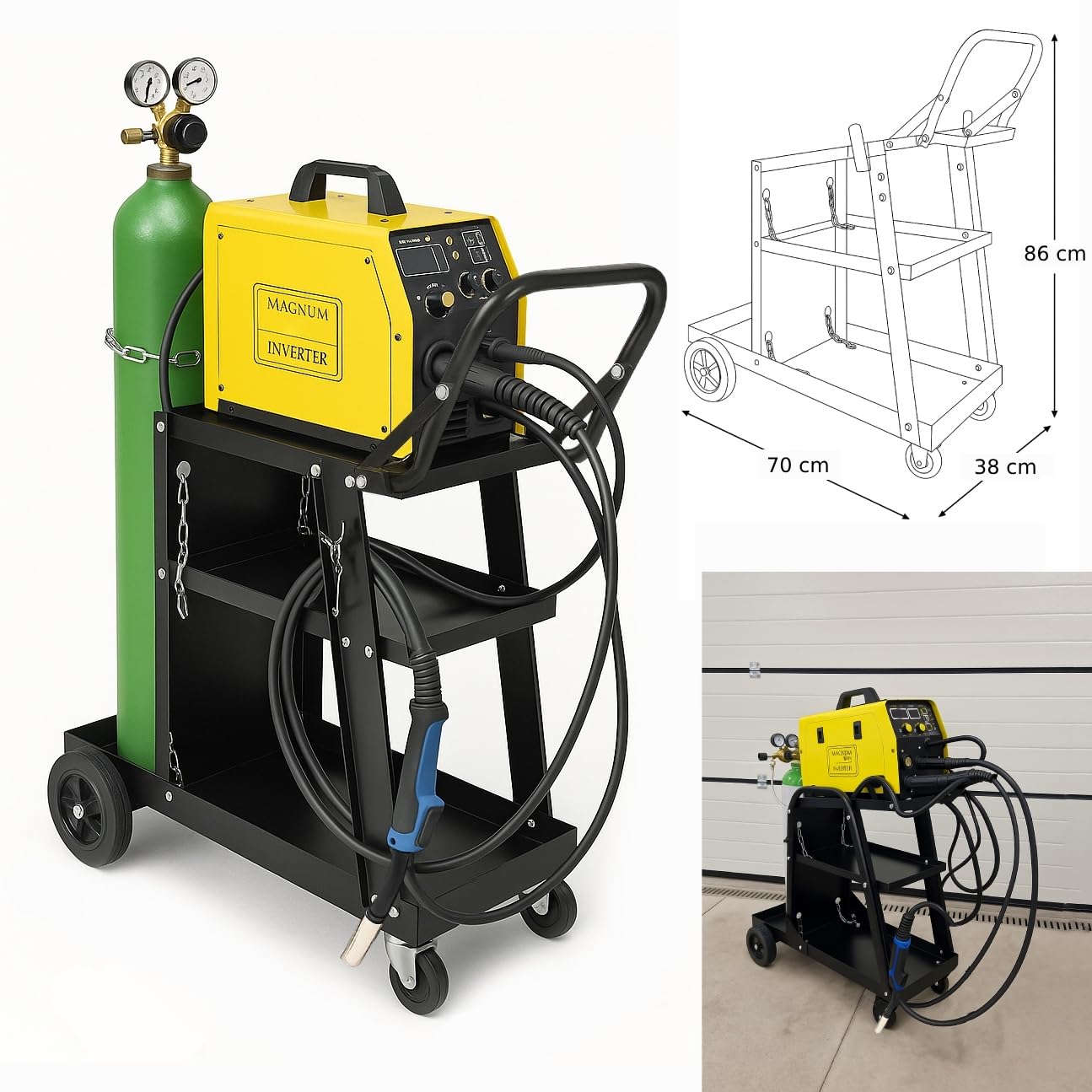 Carrello da officina per saldatura con gas - Capacità di carico 60 kg, 3 ripiani, costruzione in acciaio, maniglia di trasporto, per saldatrice MIG/MAG TIG