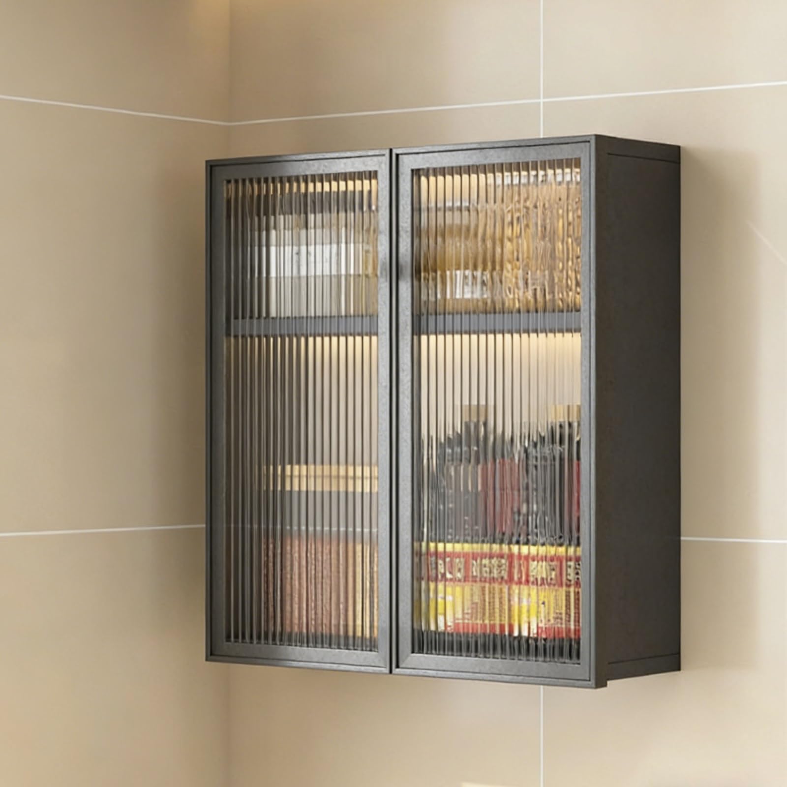 Black Aluminum S Wall Cabinet 2 Tier Tempered S Door Sto Floating Hanging Cupboard For Kitchen Bathroom Living Room,Black-40*15*53Cm/15.7*5.9*20.9In,Black-40*15*53cm/15.7*5.9*20.9in