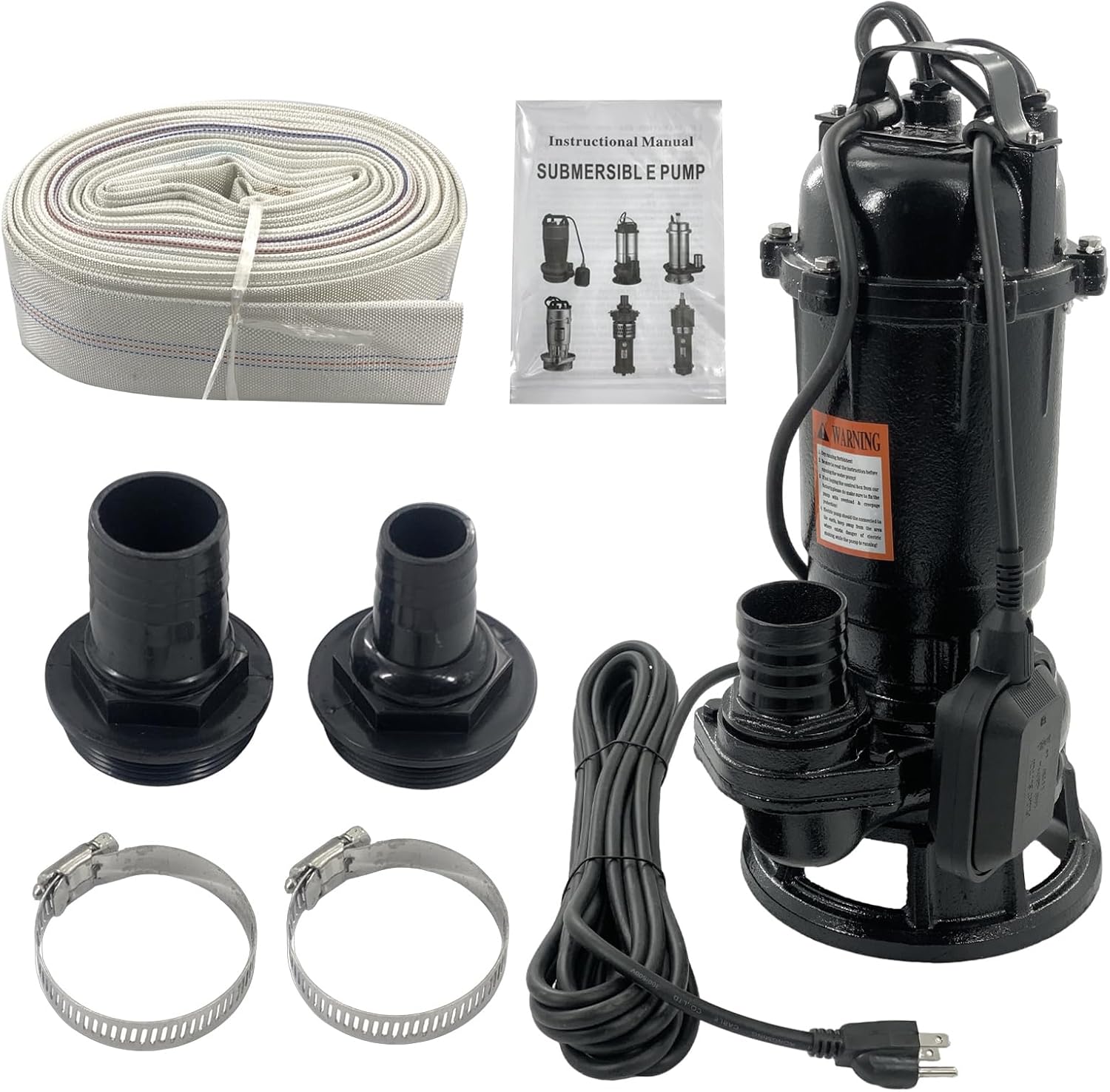 Submersible Sewage Grinder Sump Pump, 2HP 110V 1500W, 6498 GPH Cast Iron Sump Pump with Automatic Float Switch, 2'' NPT Discharge, 66ft Hose for Basement Sump Basin & Sewage Pit