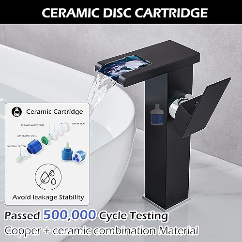 Miniatura 5 de Grifo de baño negro, cascada, boquilla abierta, luz LED, 3 cambio de color, mango de un agujero, latón para lavabo, lavabo, sin desbordamiento,