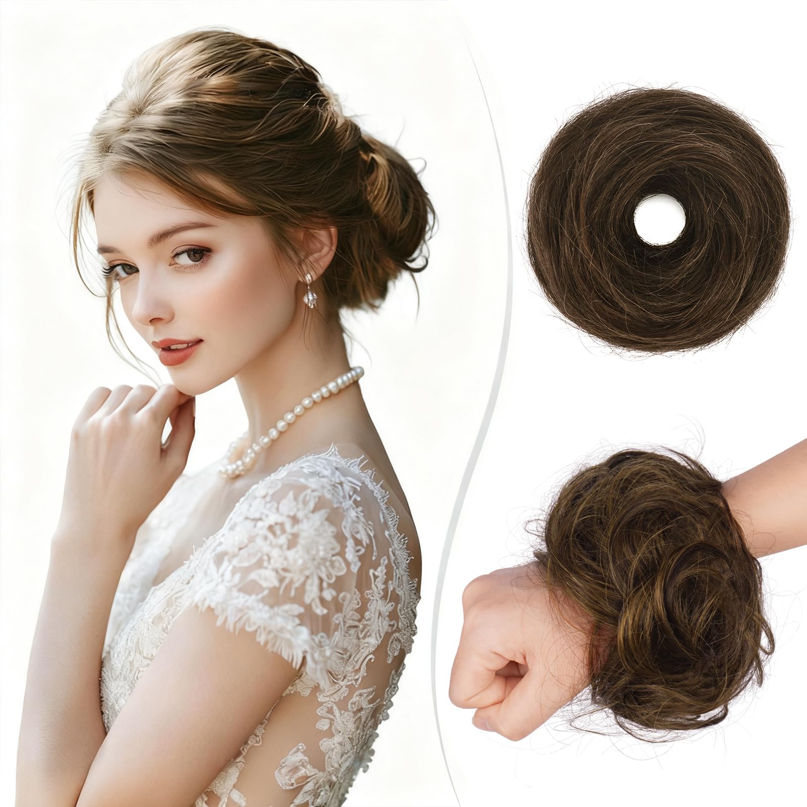 RUWISS Human Hair Bun Hair Piece Long Thin Straight Tousled Updo Bun Hair Pieces for Women Scrunchie Ponytail Extension 25g (Golden Chestnut Mixed