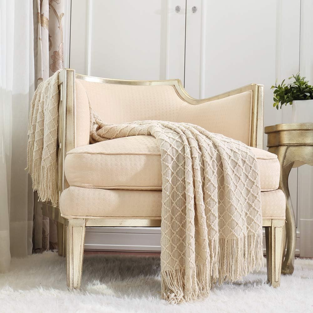 CREVENT Home Decor Rustic Couch Sofa Chair Bed Throw Blanket, Soft Warm Cozy Light Weight for Travelling in Spring Summer (127x152cm Beige/Ivory)