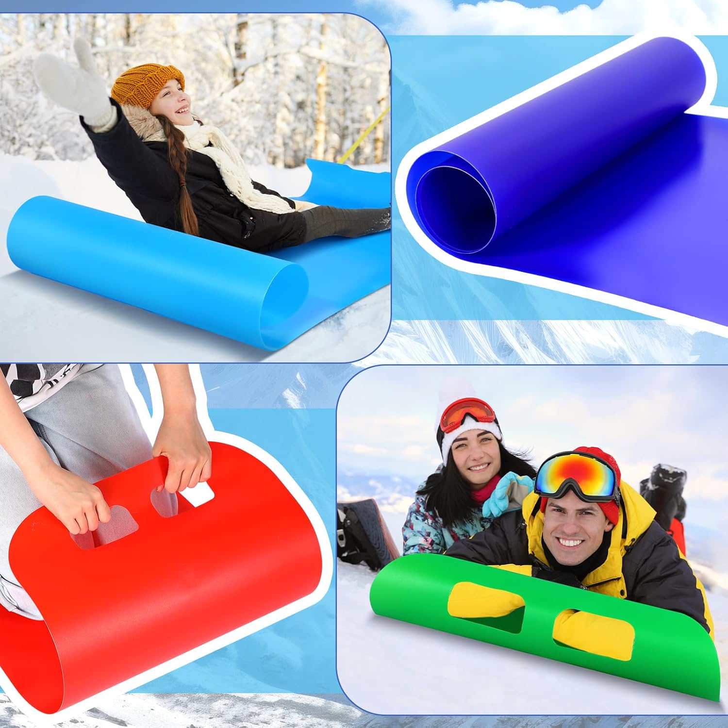 4 Pcs Winter Roll up Snow Sled Mat for Adults 53.9 Inch Flexible Plastic Lightweight Carpet High Speed Snow Sled Portable Carrying Snowboard Equipment for Ski Outdoor Sports