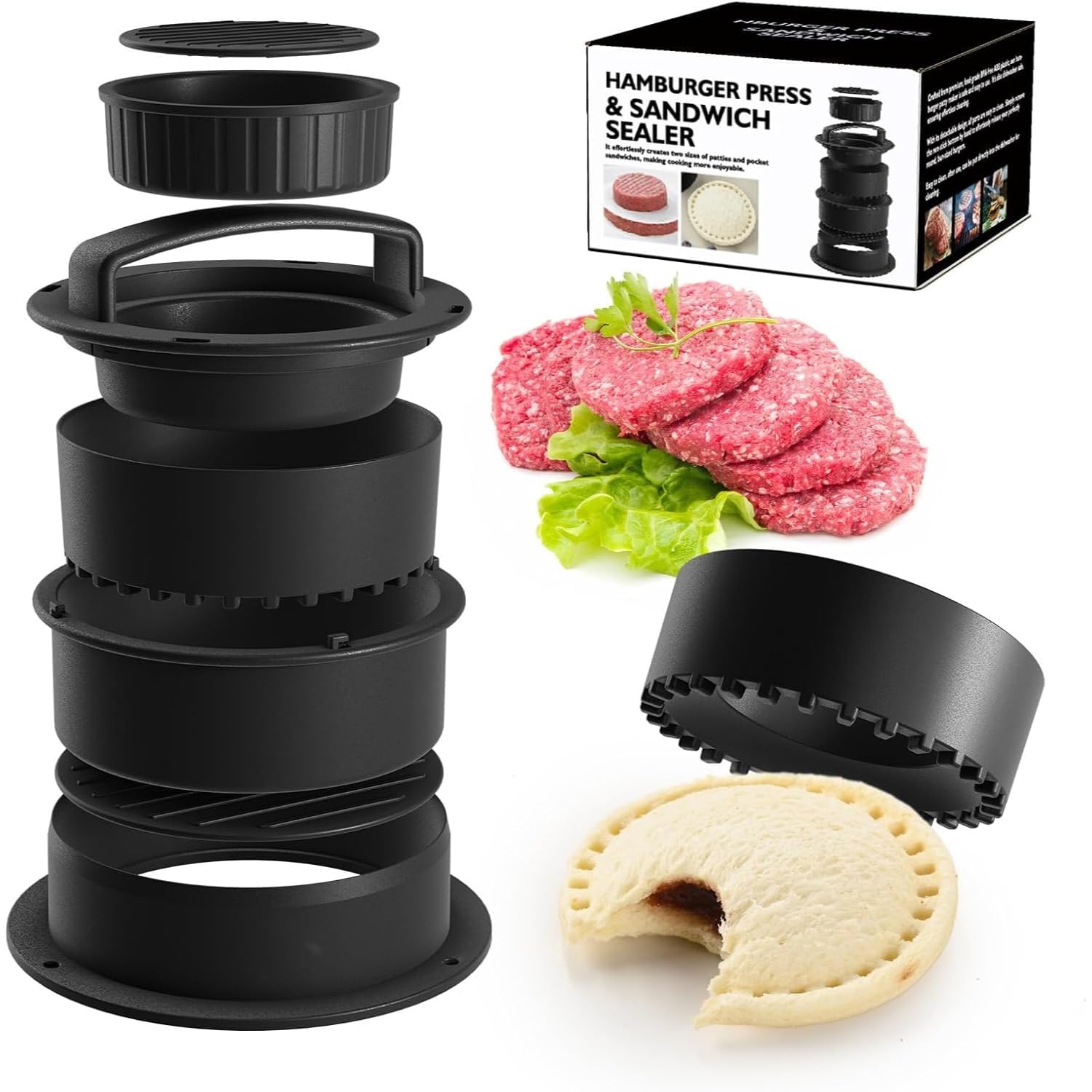 Burger Press Patty Maker, 4-in1 Sandwich Cutter Sealer Non-Stick Patty Maker with Papers, Black Kitchen BBQ Tool Hamburger Meat Beef Veg Mold Set-image-4