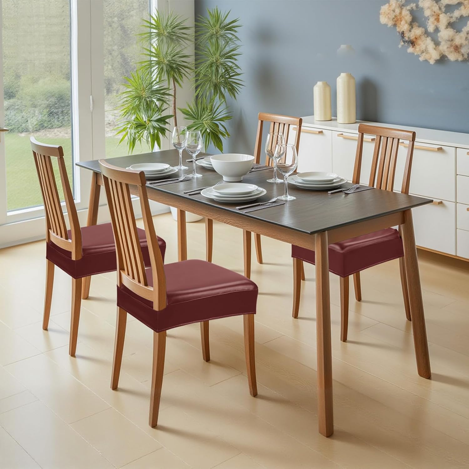 Waterproof Dining Chair Seat Covers Leather Kitchen Seat Covers, Stain Resistant Stretch Chair Seat Covers for Dining Room Chairs Set of 4, Rear Covered Washable Dining Chair Covers Wine Red Wine Red 4pcs