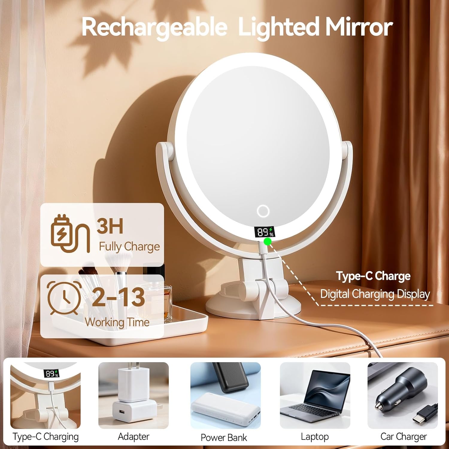 Shinowa Makeup Mirror with Lights, 20X Wall Mounted Lighted Magnifying Mirror, 2-Sided Vanity Mirror with 3 Color Lights & Brightness Adjustment, 360° Rotation Rechargeable Desk Mirror, Travel Mirror