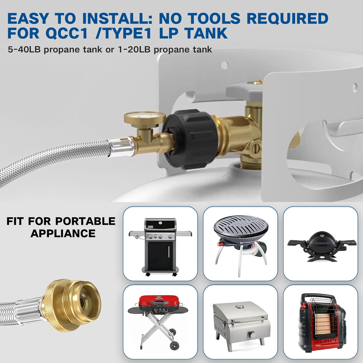 10FT Stainless Braided Propane Adapter Hose with Gauge, Adapter Hose with QCC1/Type1 Adapter Connect 20-45 lb Propane Tank (10FT Extension Hose/Propane Fuel Filter) for Mr Buddy Heater and Big Buddy