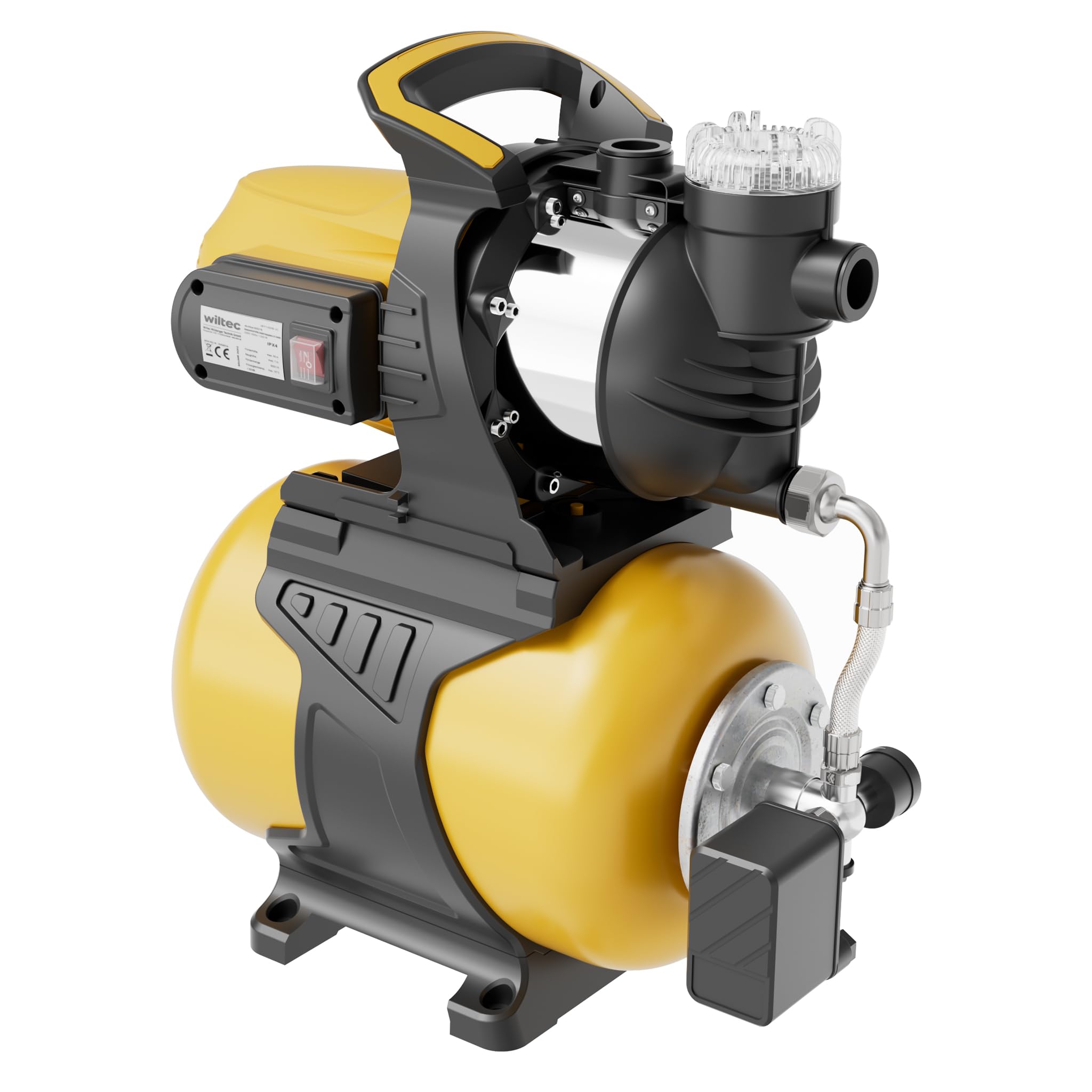 Wiltec Bomba de agua 1300 W con tanque de presión de 24 L y prefiltro, caudal 5000 l/, equipo de presión de agua para uso doméstico, carcasa de acero inoxidable, altura de elevación 50 m